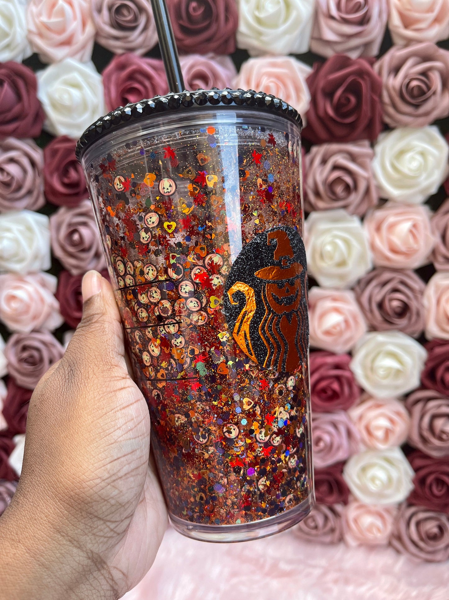 Pumpkin Orange & Black Halloween Snow Globe Tumbler|Starbucks Rhinestone Lid Tumbler