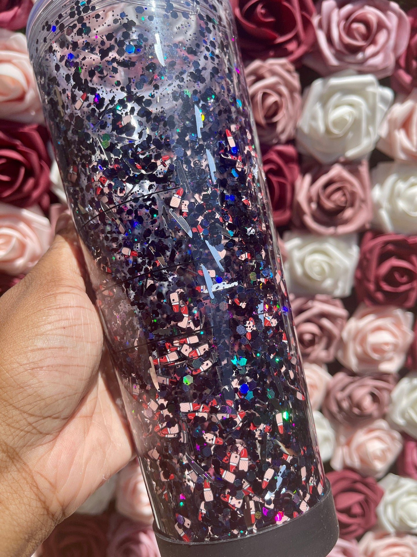 Makeup and Murder Snow Globe Tumbler|Floating Glitter|Lipstick & Knives|Black and Red