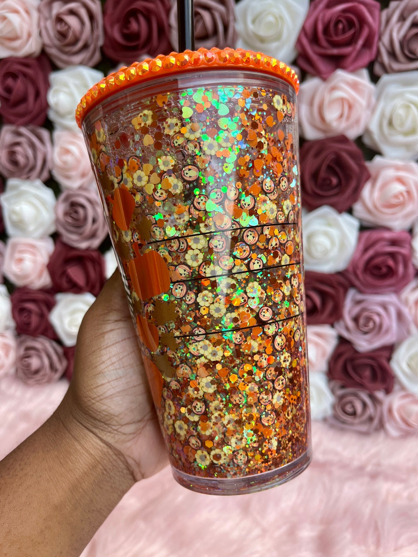 Sunflower Pumpkin Halloween Snow Globe Tumbler|Starbucks Rhinestone Lid Tumbler|Floating Glitter|Fall Tumbler