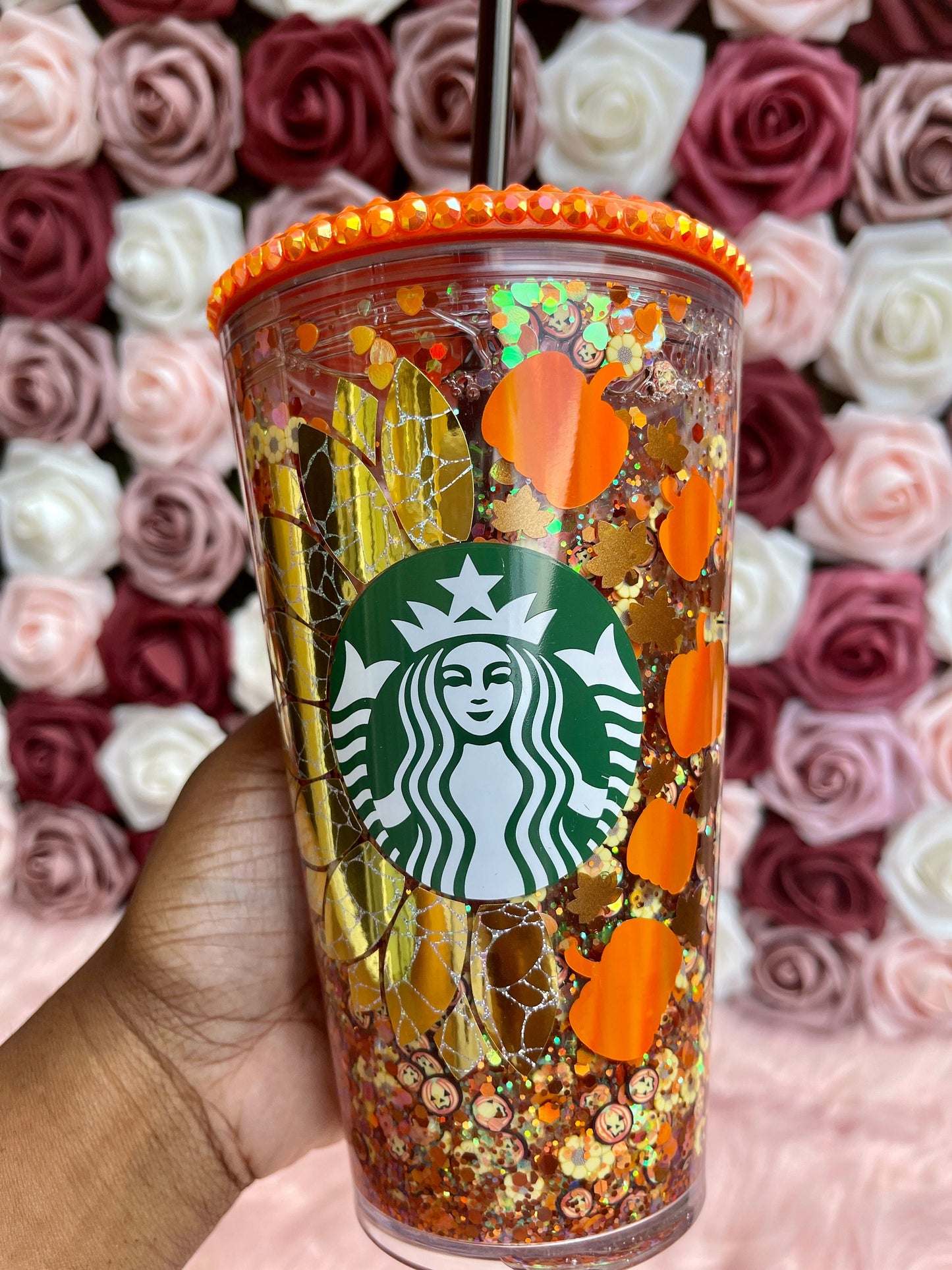 Sunflower Pumpkin Halloween Snow Globe Tumbler|Starbucks Rhinestone Lid Tumbler|Floating Glitter|Fall Tumbler
