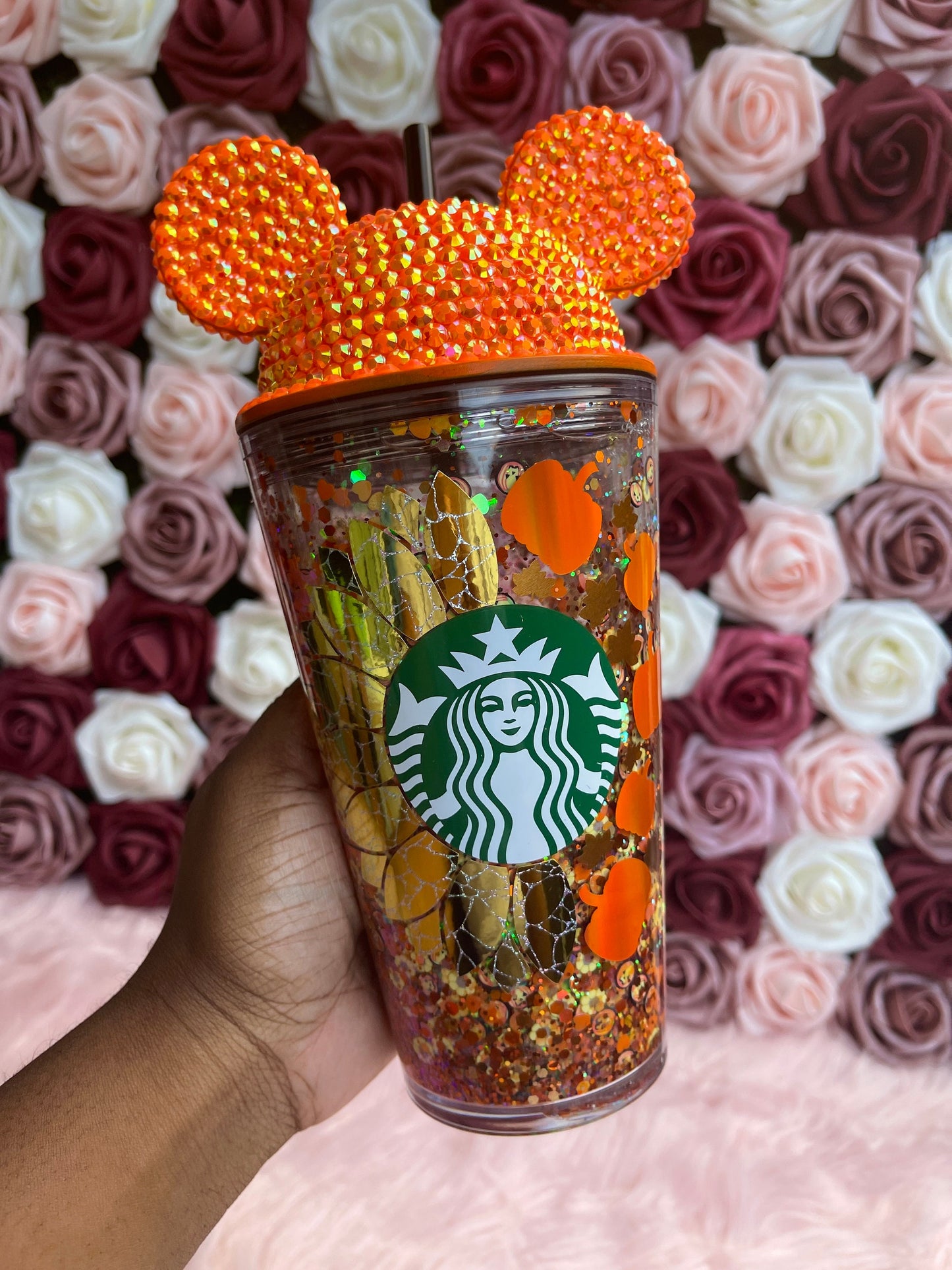 Sunflower Pumpkin Halloween Snow Globe Tumbler|Starbucks Rhinestone Lid Tumbler|Floating Glitter|Fall Tumbler