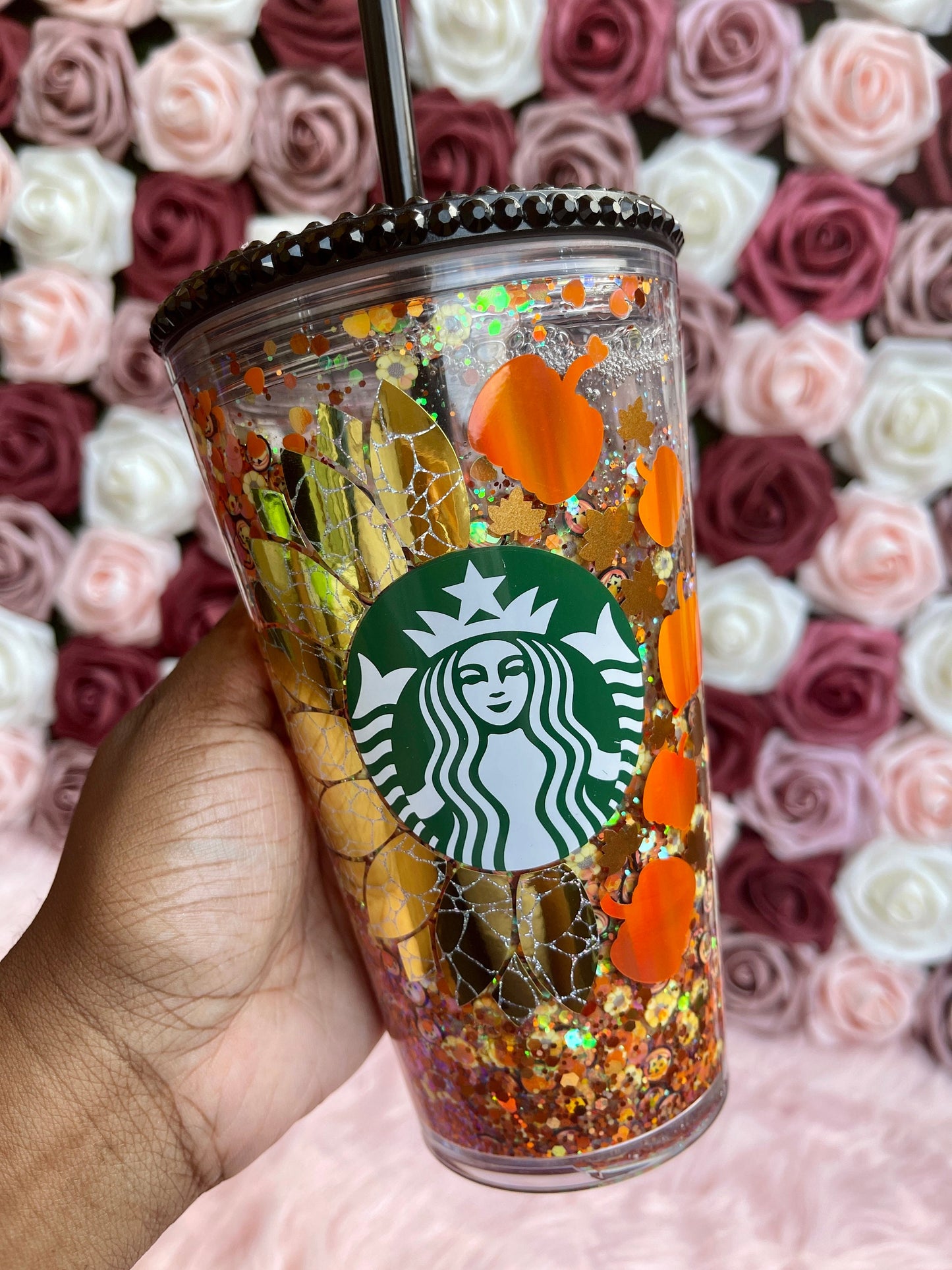 Sunflower Pumpkin Halloween Snow Globe Tumbler|Starbucks Rhinestone Lid Tumbler|Floating Glitter|Fall Tumbler