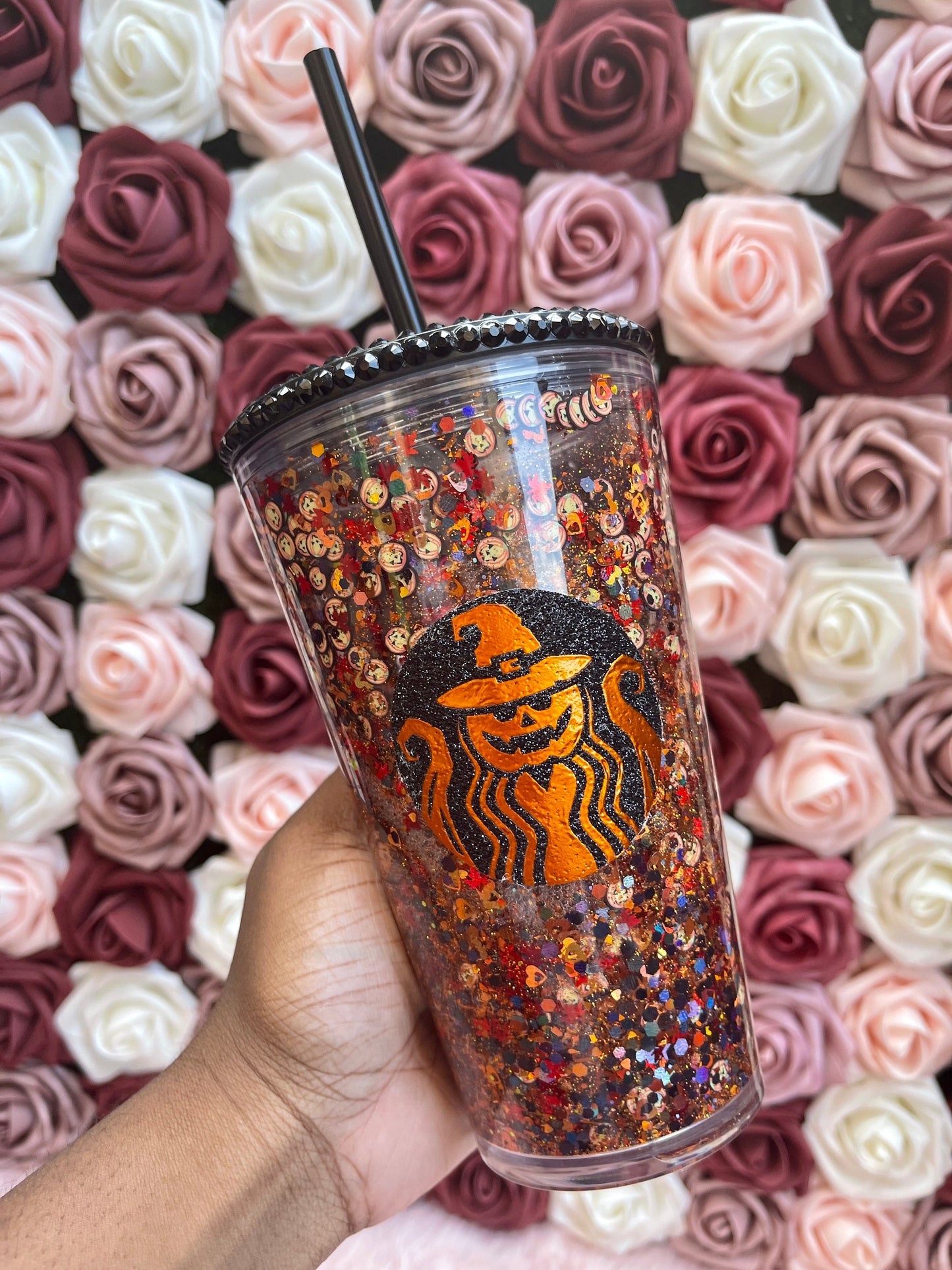 Pumpkin Orange & Black Halloween Snow Globe Tumbler|Starbucks Rhinestone Lid Tumbler