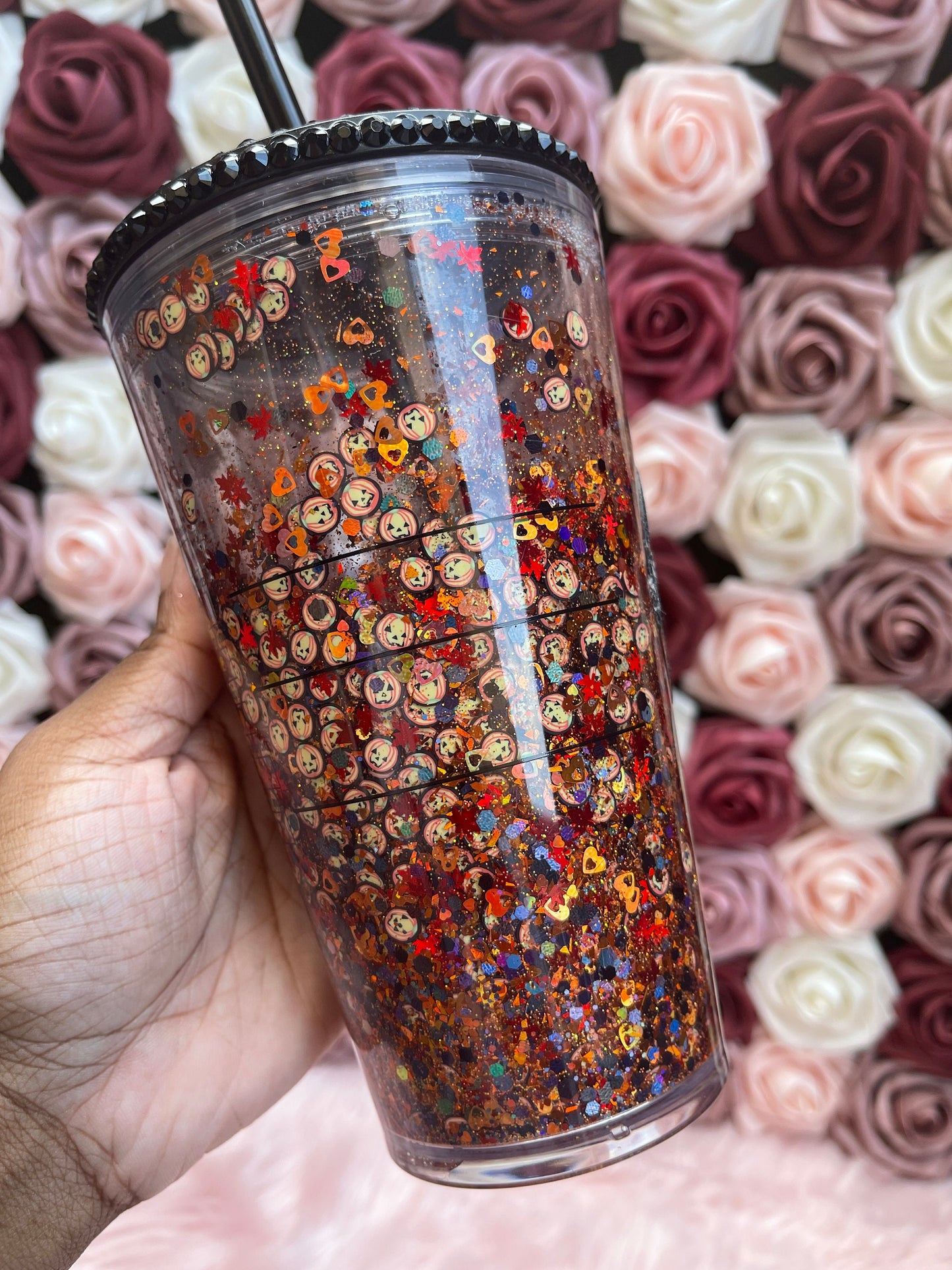 Pumpkin Orange & Black Halloween Snow Globe Tumbler|Starbucks Rhinestone Lid Tumbler