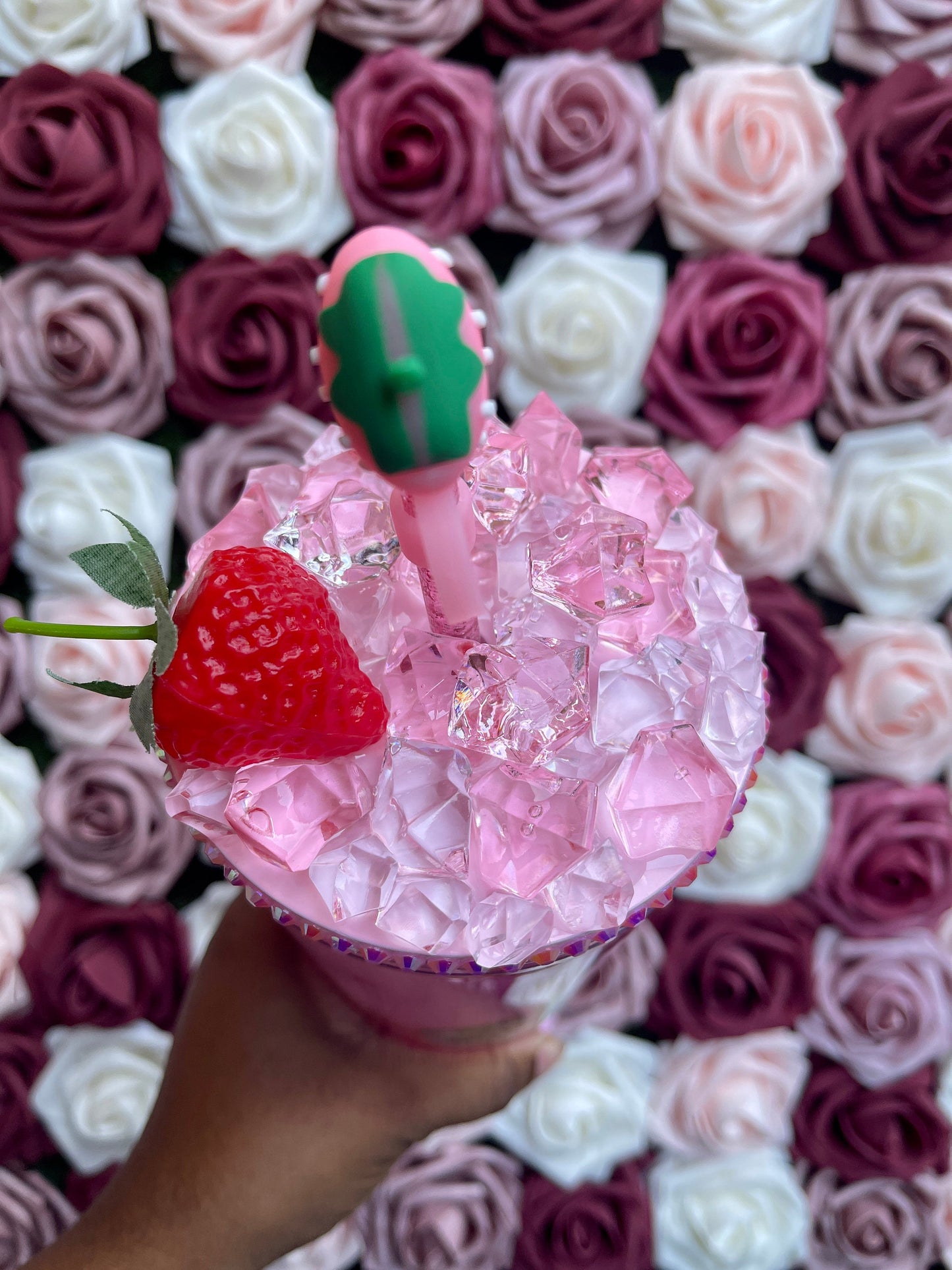 Starbucks Strawberry Pink Drink Snow Globe Tumbler|Starbucks Rhinestone Lid Tumbler|Floating Glitter|Pink Iridescent