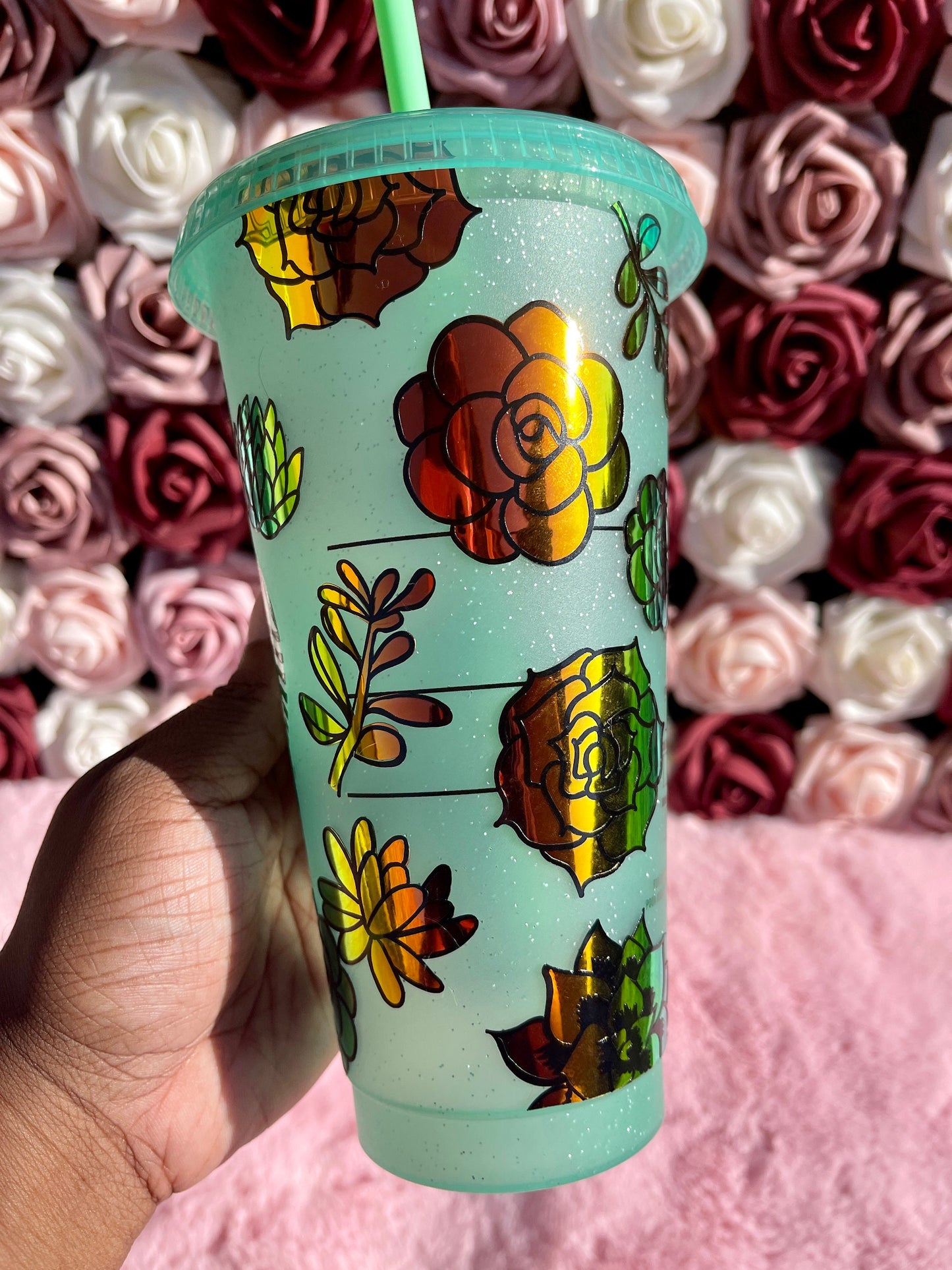 Starbucks Holographic Succulents Green Glitter Cold Cup Tumbler|Christmas Tumbler|Venti 24 oz