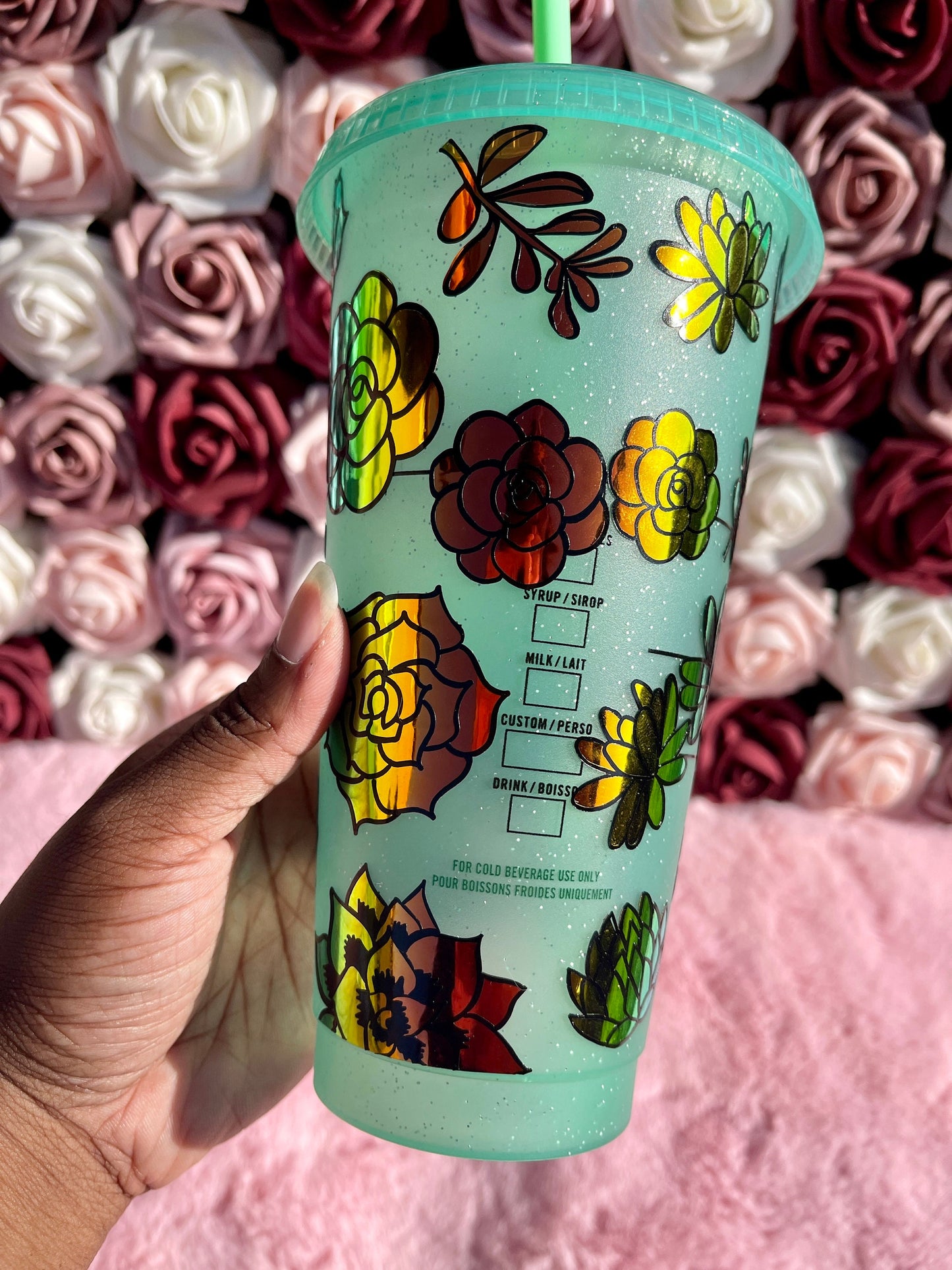 Starbucks Holographic Succulents Green Glitter Cold Cup Tumbler|Christmas Tumbler|Venti 24 oz