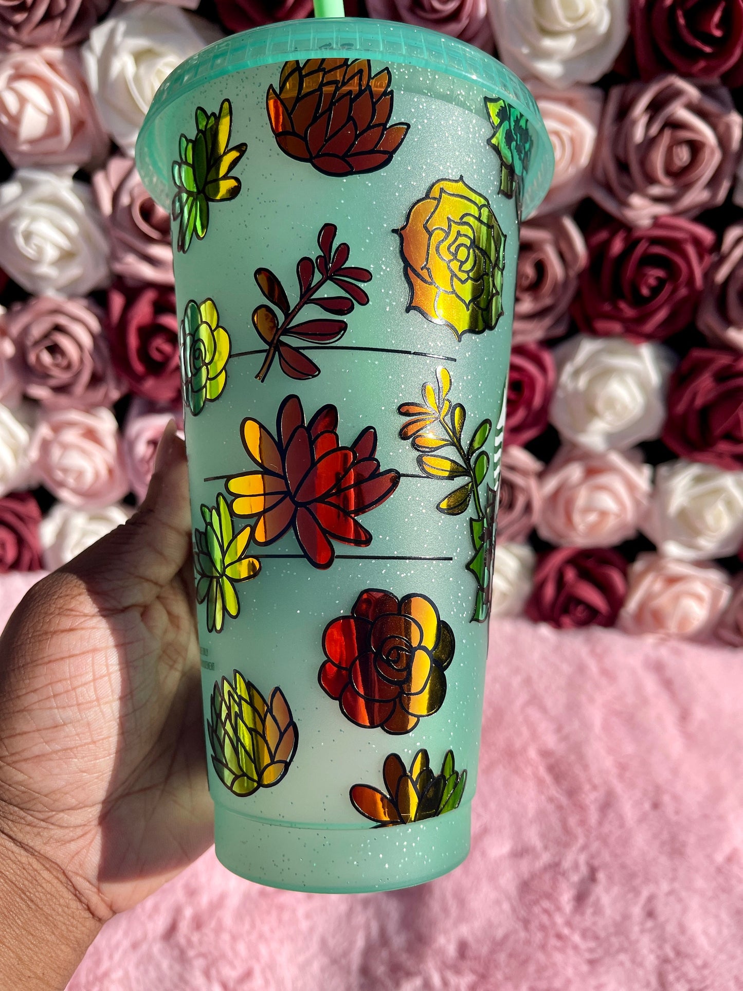 Starbucks Holographic Succulents Green Glitter Cold Cup Tumbler|Christmas Tumbler|Venti 24 oz