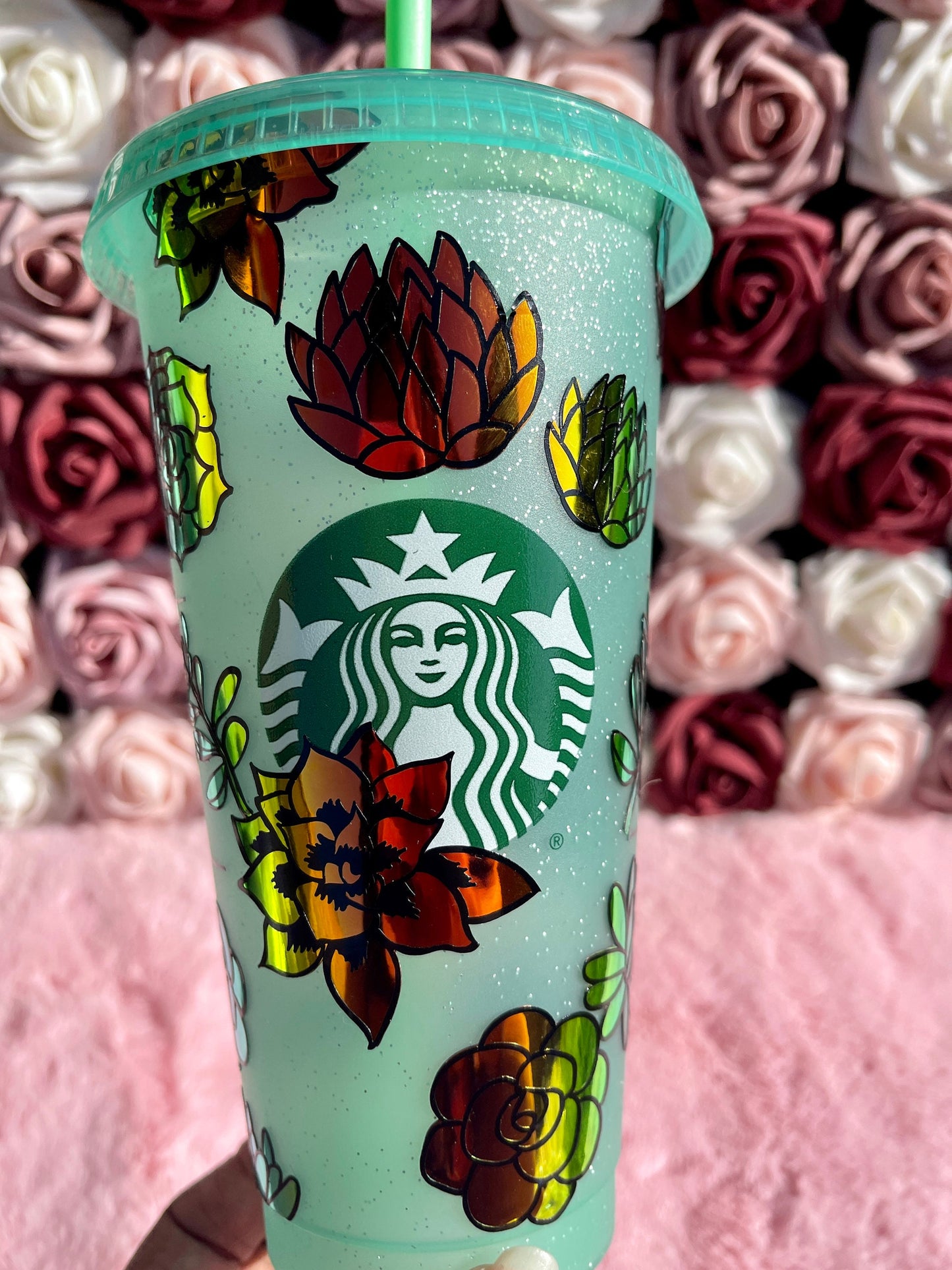 Starbucks Holographic Succulents Green Glitter Cold Cup Tumbler|Christmas Tumbler|Venti 24 oz