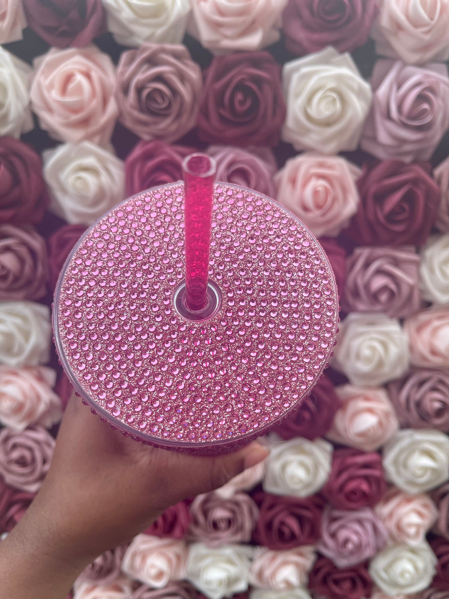 Rose Gold Vinyl With Rose Pink Full Glitter Rhinestone Bling Venti Acrylic Starbucks Tumbler 24oz