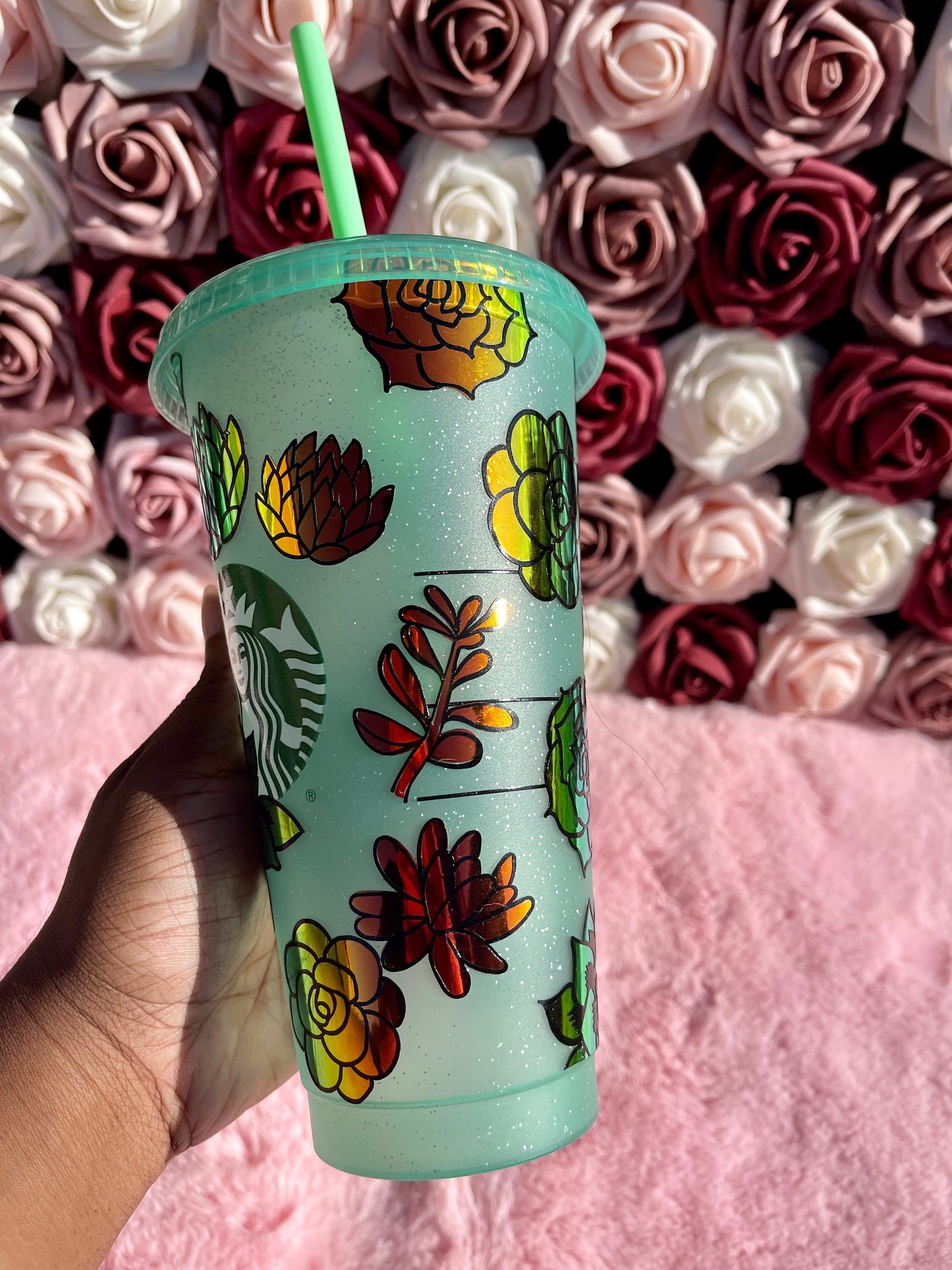 Starbucks Holographic Succulents Green Glitter Cold Cup Tumbler|Christmas Tumbler|Venti 24 oz