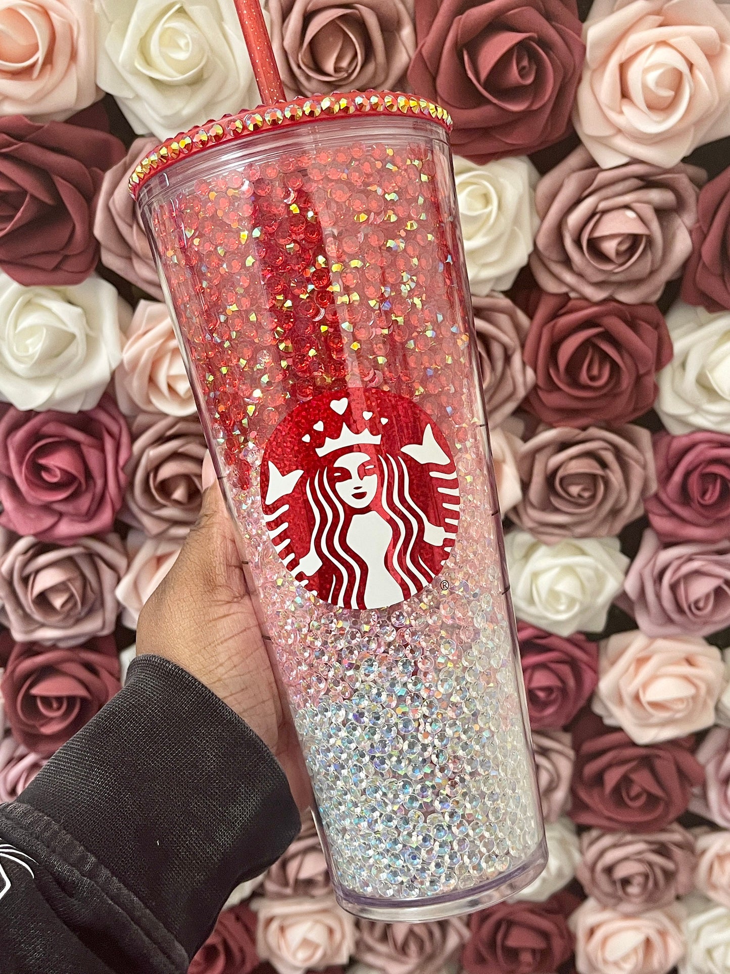 Starbucks Valentines Day Three Color Ombre Rhinestone Filled Tumbler|Rhinestone Lid|Red AB Pink AB Clear AB