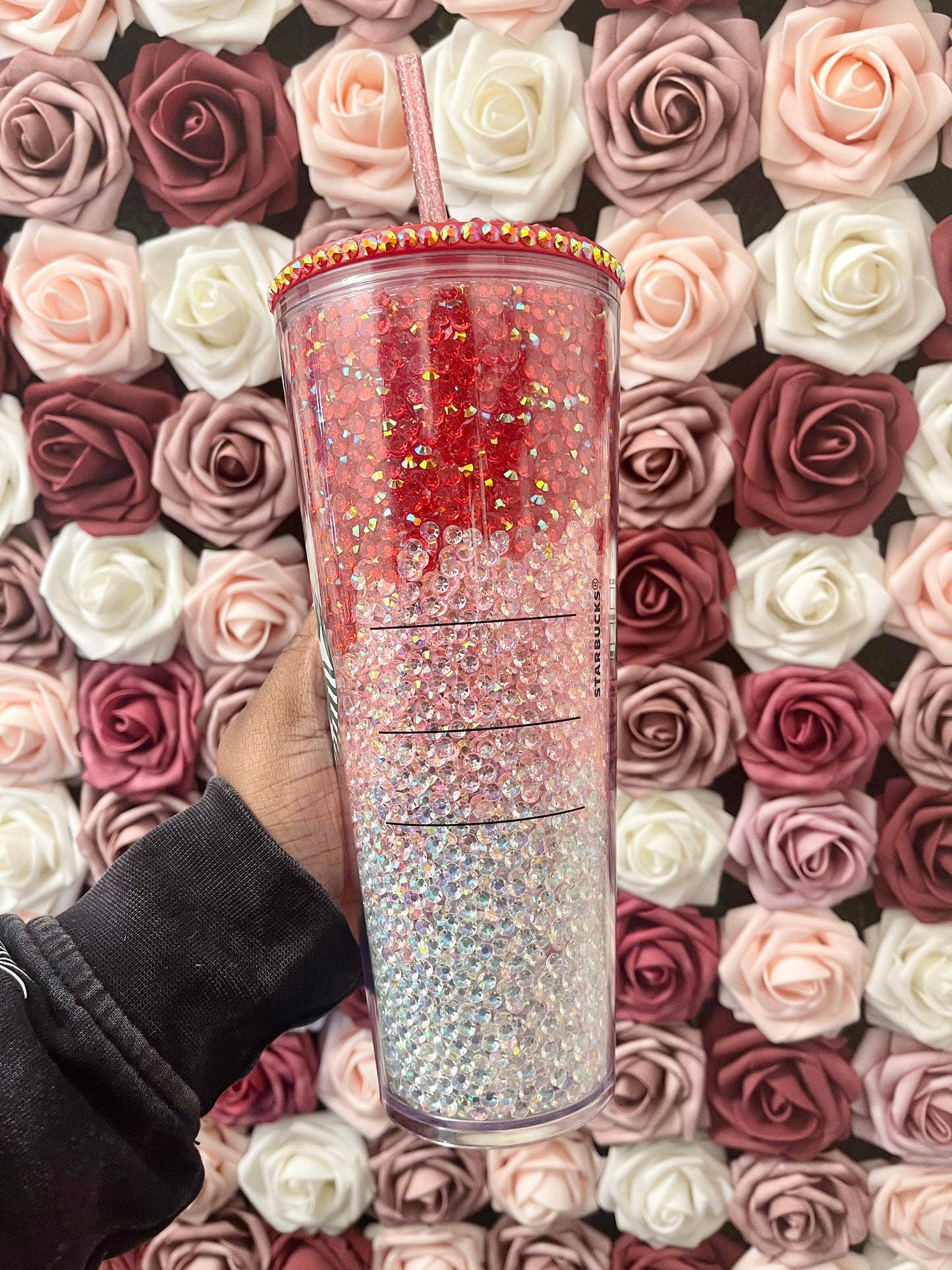 Starbucks Valentines Day Three Color Ombre Rhinestone Filled Tumbler|Rhinestone Lid|Red AB Pink AB Clear AB