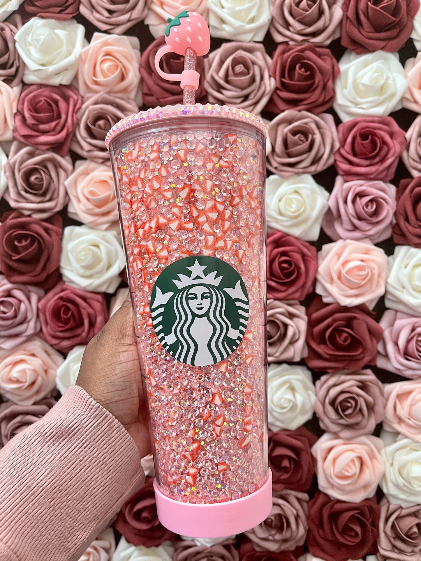 Starbucks Strawberry Pink Drink Rhinestone Filled Tumbler|Starbucks Rhinestone Lid Tumbler|Reverse Rhinestones|Pink Iridescent