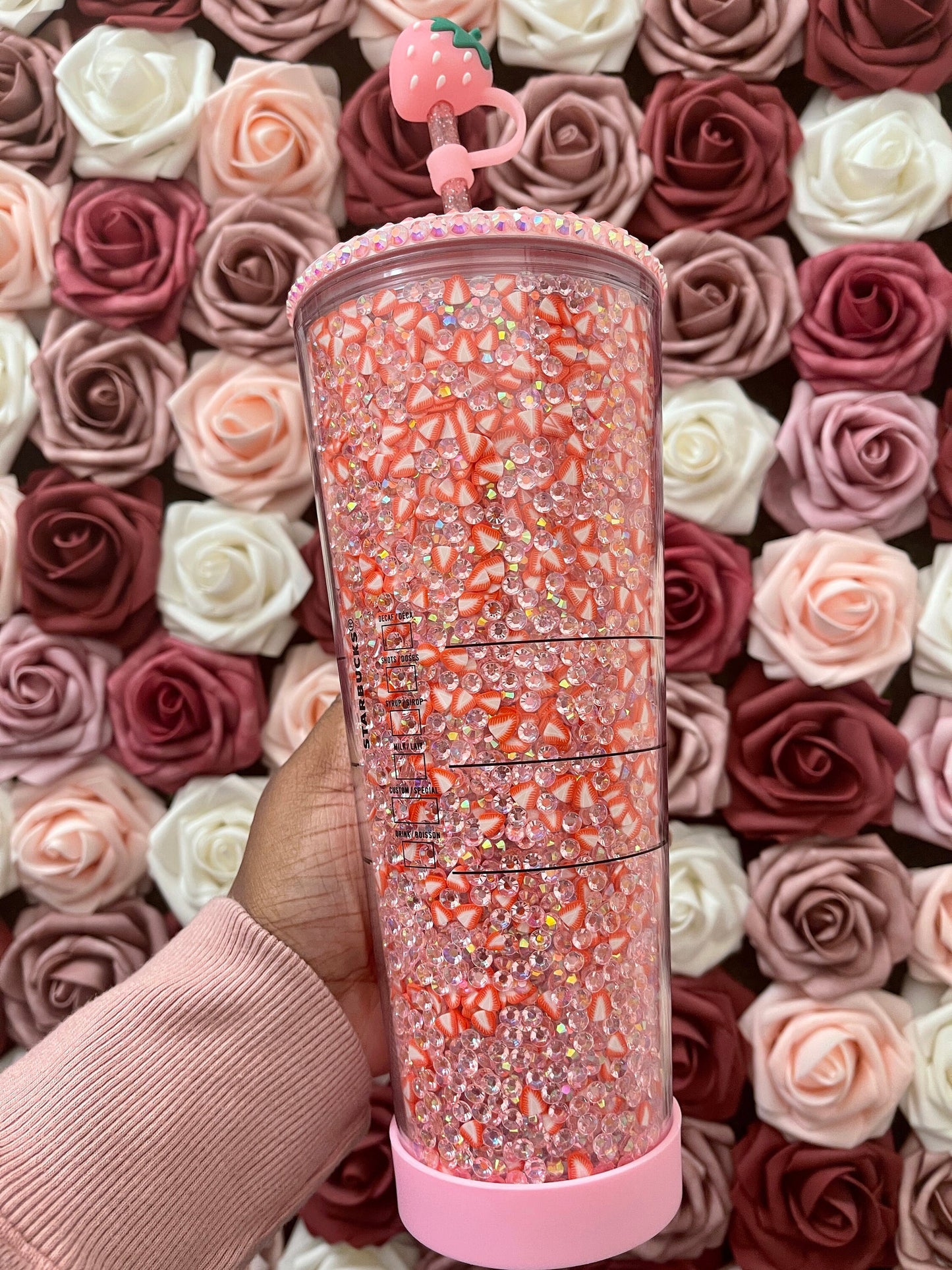 Starbucks Strawberry Pink Drink Rhinestone Filled Tumbler|Starbucks Rhinestone Lid Tumbler|Reverse Rhinestones|Pink Iridescent