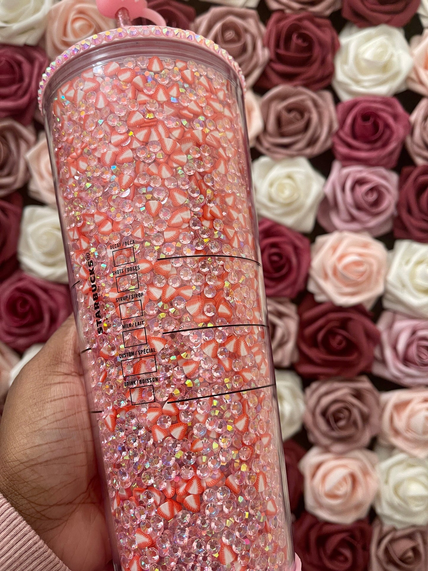 Starbucks Strawberry Pink Drink Rhinestone Filled Tumbler|Starbucks Rhinestone Lid Tumbler|Reverse Rhinestones|Pink Iridescent