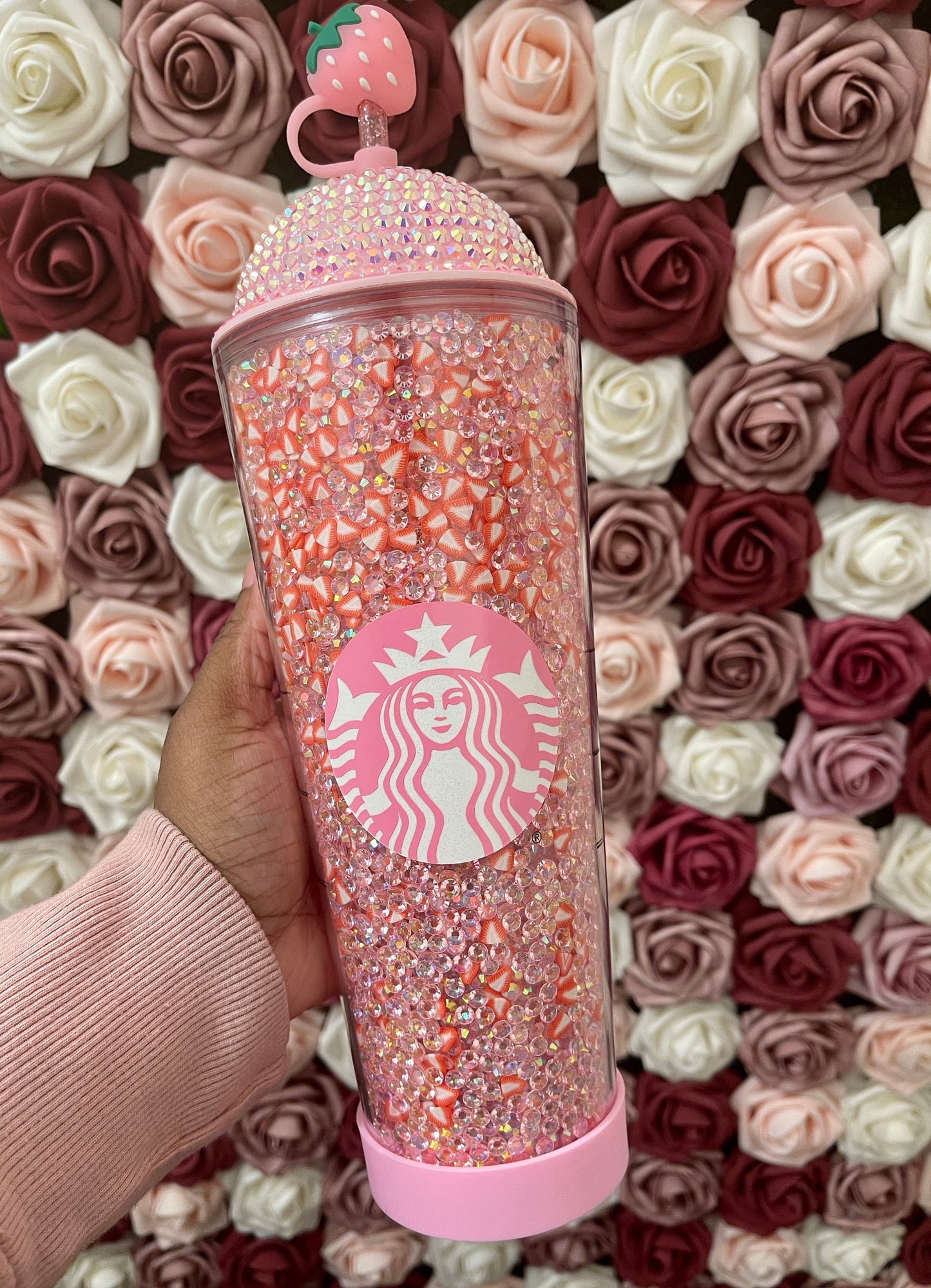 Starbucks Strawberry Pink Drink Rhinestone Filled Tumbler|Starbucks Rhinestone Lid Tumbler|Reverse Rhinestones|Pink Iridescent