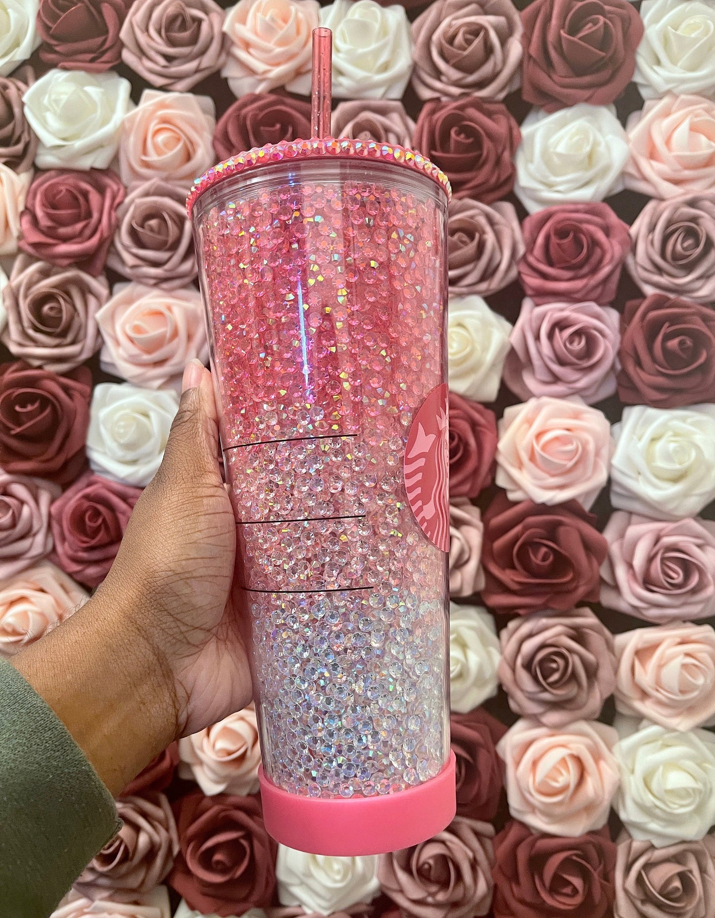 Starbucks Pink Three Color Ombre Rhinestone Filled Tumbler|Rhinestone Lid| Reverse Rhinestones|Lt.Rose AB|Pink AB|Clear AB