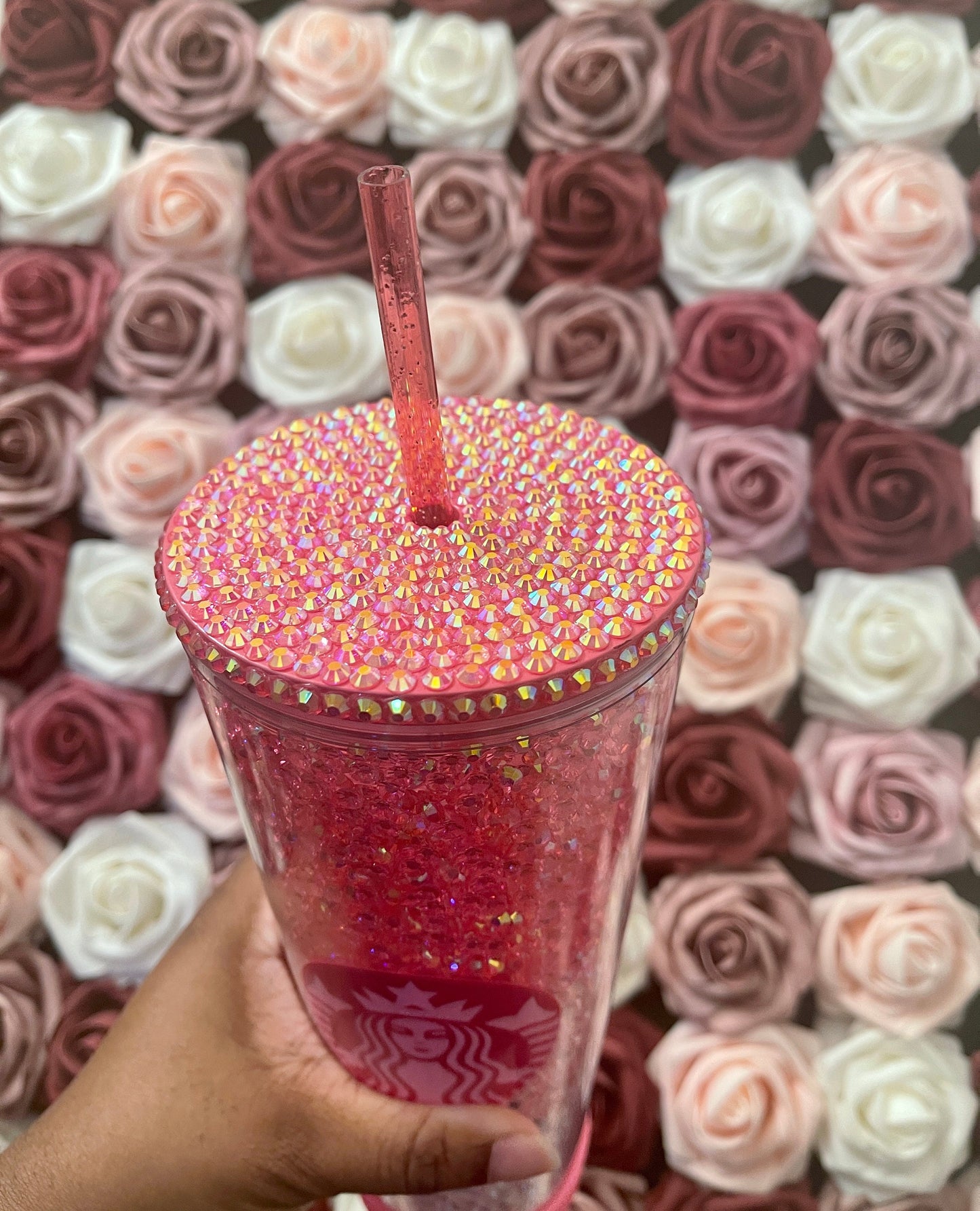 Starbucks Pink Three Color Ombre Rhinestone Filled Tumbler|Rhinestone Lid| Reverse Rhinestones|Lt.Rose AB|Pink AB|Clear AB