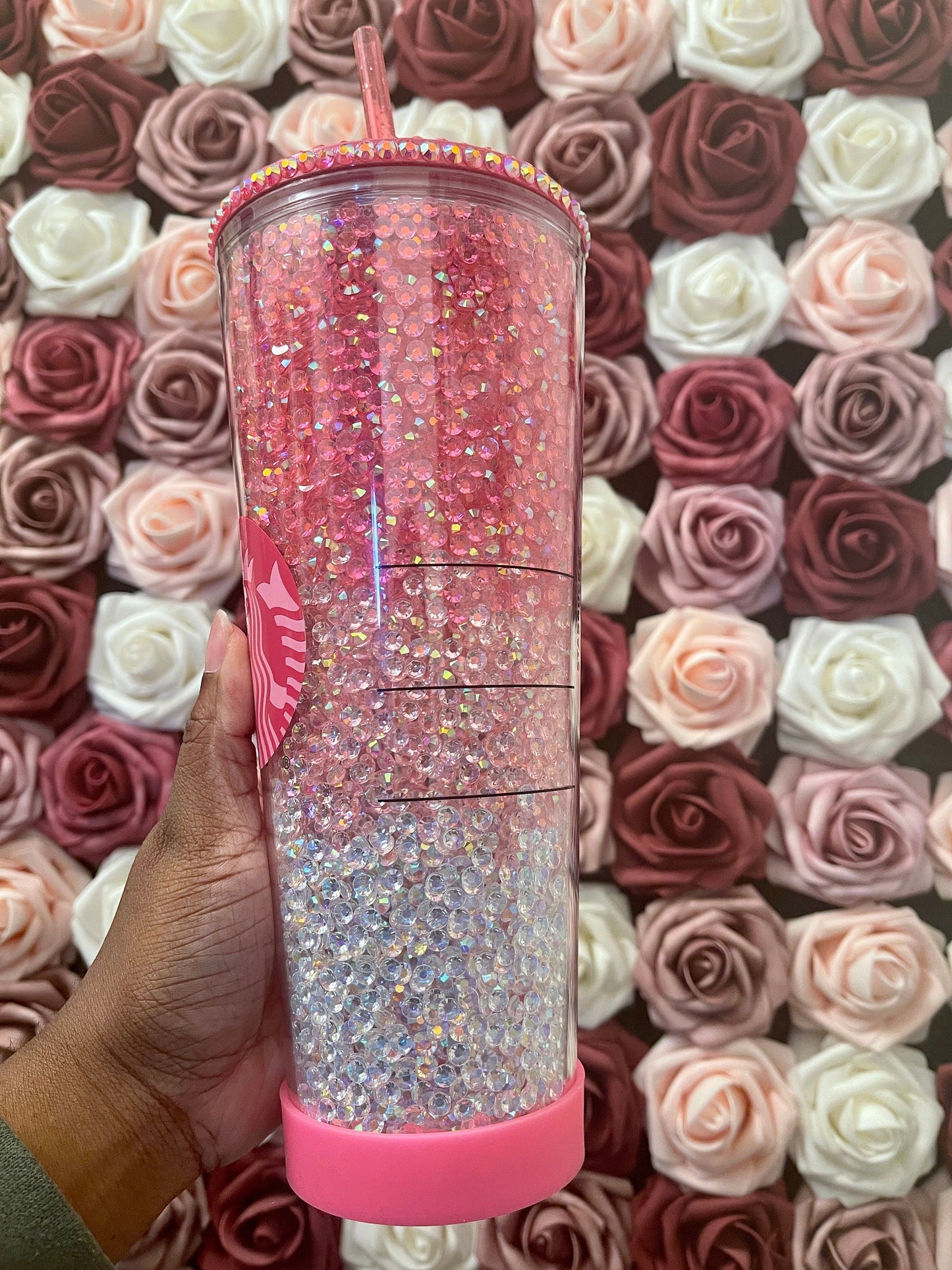 Starbucks Pink Three Color Ombre Rhinestone Filled Tumbler|Rhinestone Lid| Reverse Rhinestones|Lt.Rose AB|Pink AB|Clear AB