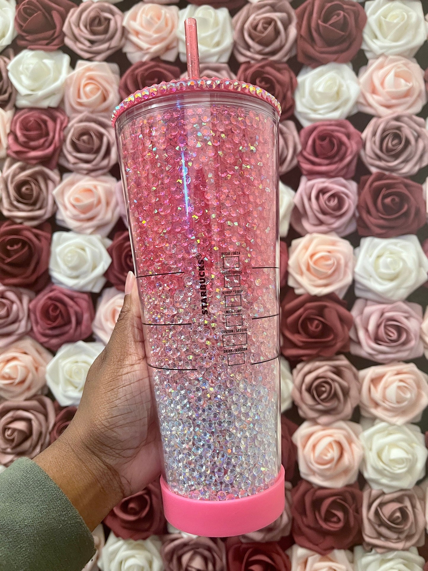 Starbucks Pink Three Color Ombre Rhinestone Filled Tumbler|Rhinestone Lid| Reverse Rhinestones|Lt.Rose AB|Pink AB|Clear AB