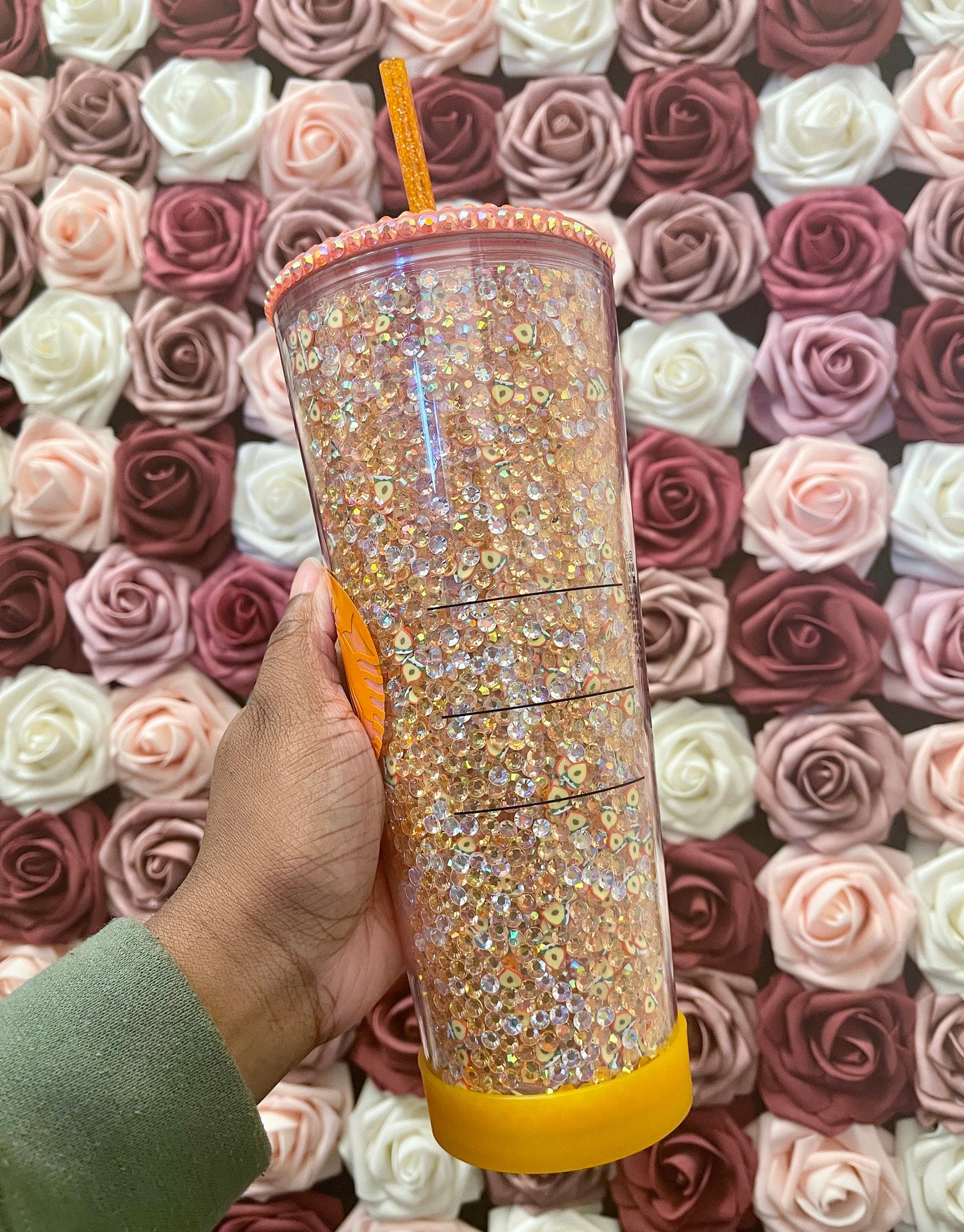 Starbucks Peaches and Cream Rhinestone Filled Tumbler|Rhinestone Lid| Reverse Rhinestones|Champagne AB and Clear AB