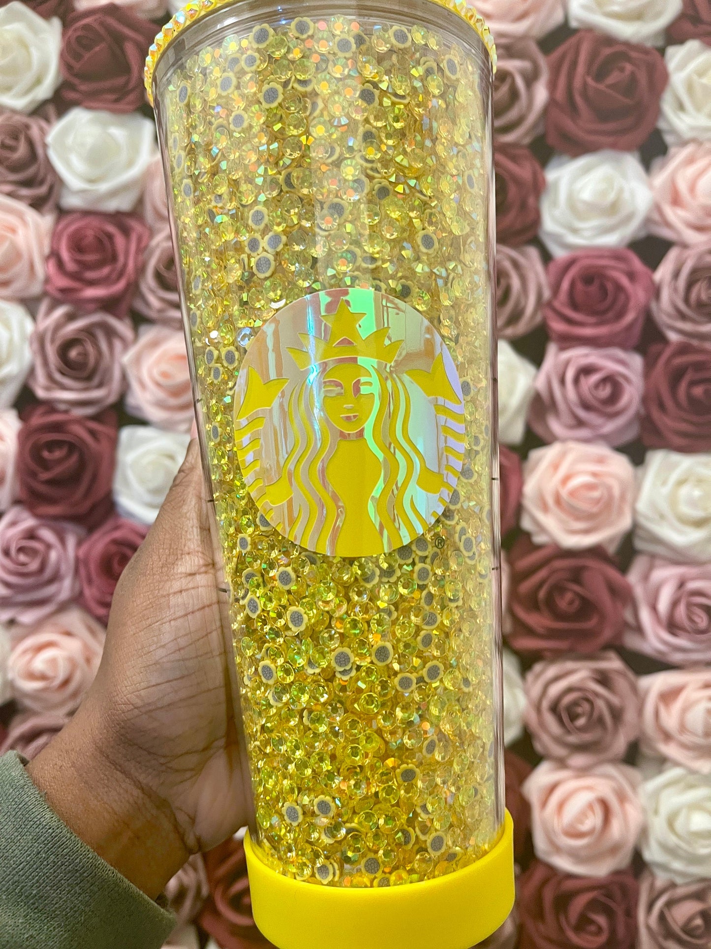Starbucks Yellow Sunflower Rhinestone Filled Tumbler|Rhinestone Lid| Reverse Rhinestones|Citrine AB