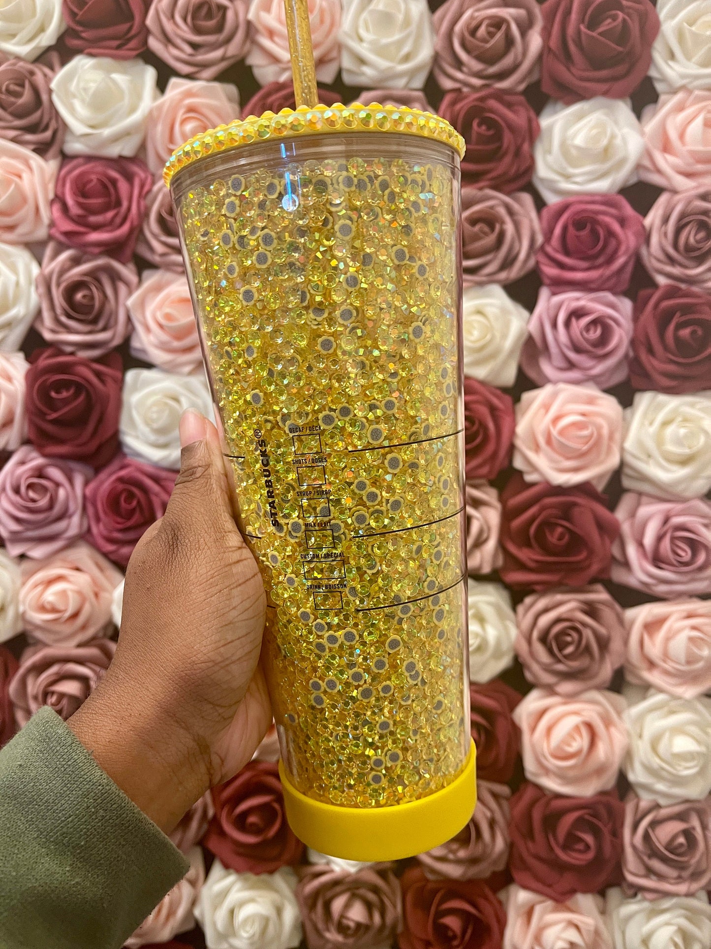 Starbucks Yellow Sunflower Rhinestone Filled Tumbler|Rhinestone Lid| Reverse Rhinestones|Citrine AB