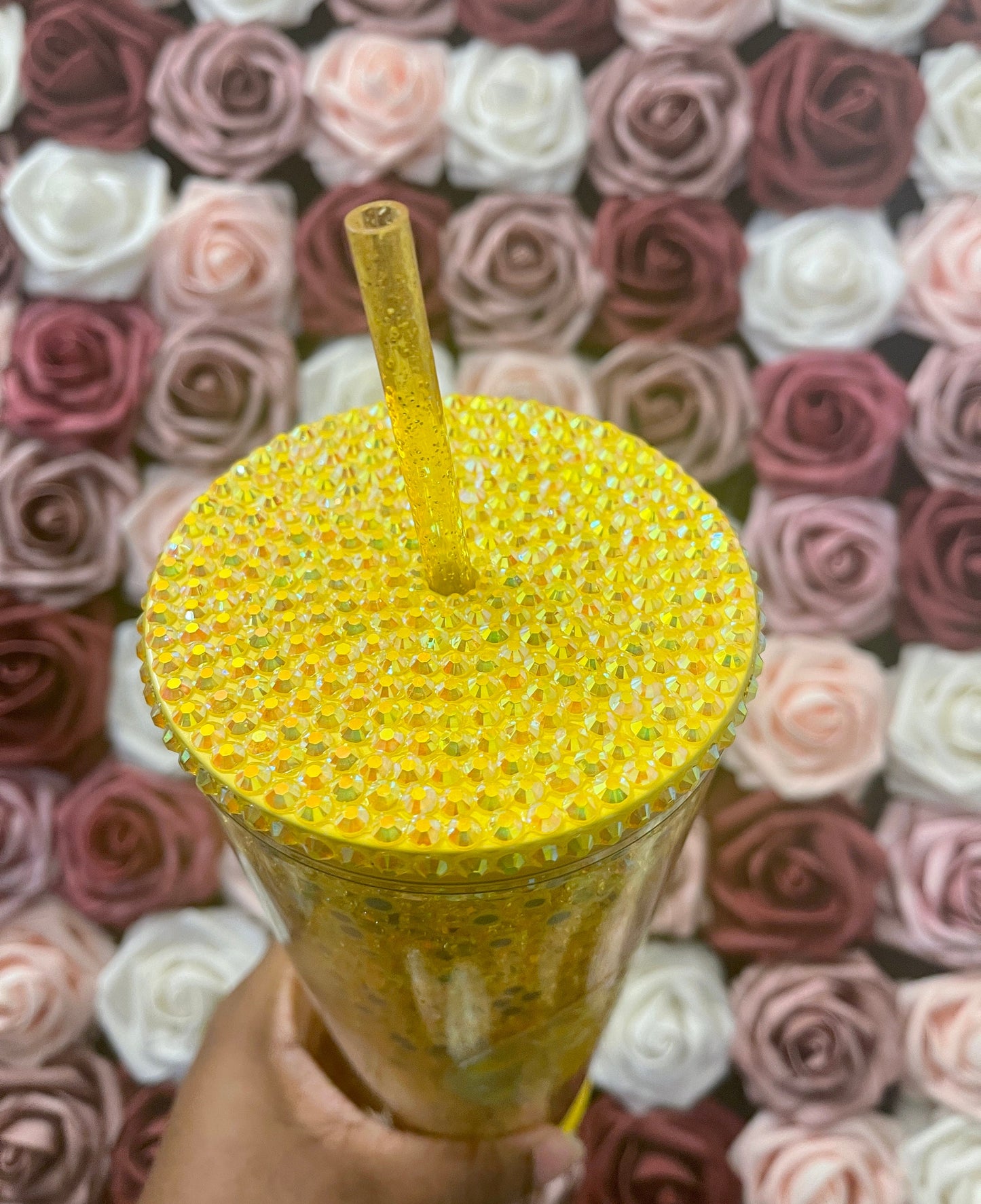 Starbucks Yellow Sunflower Rhinestone Filled Tumbler|Rhinestone Lid| Reverse Rhinestones|Citrine AB