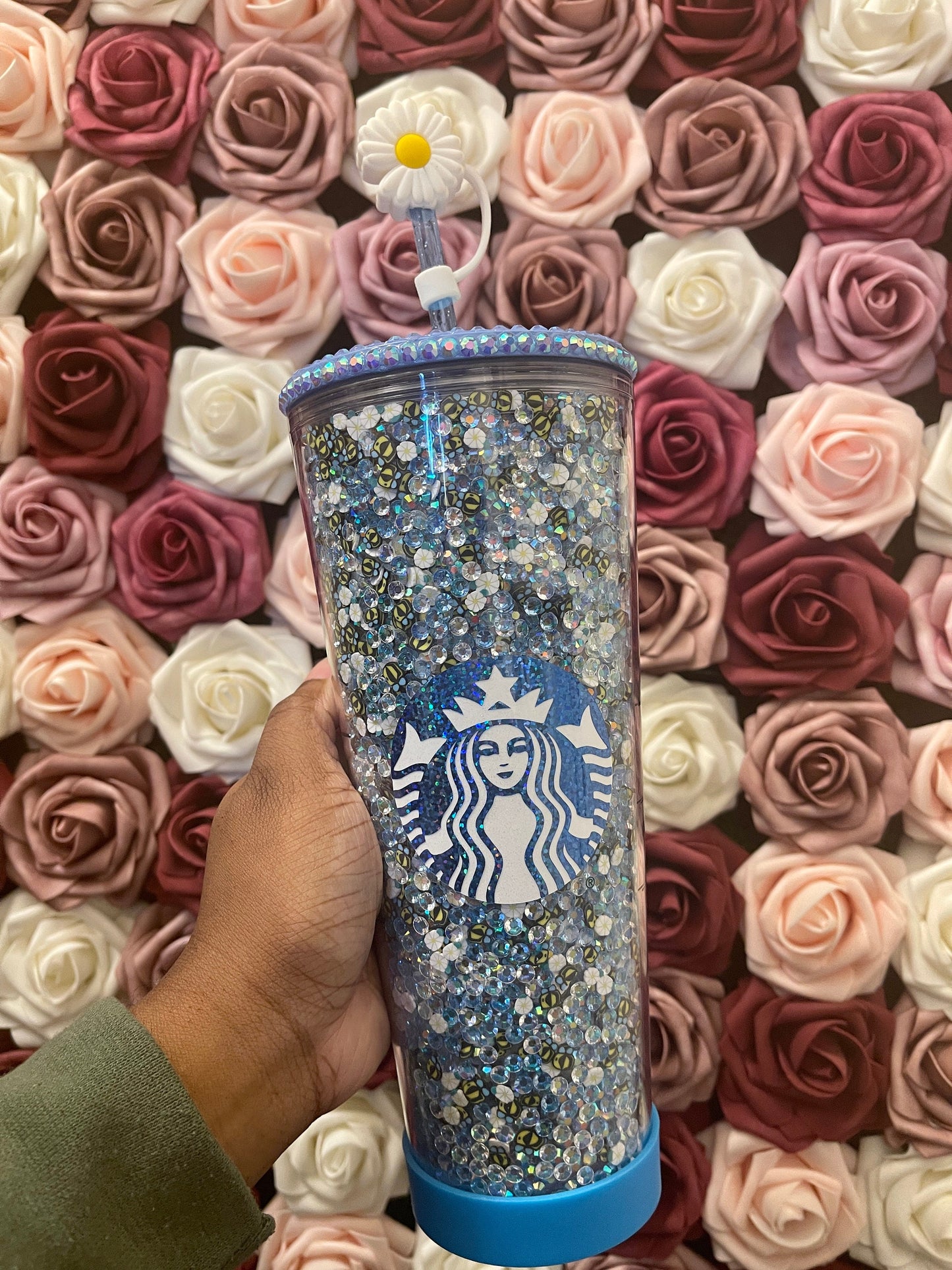 Starbucks Baby Blue Bumble Bee and Daisy Rhinestone Filled Tumbler