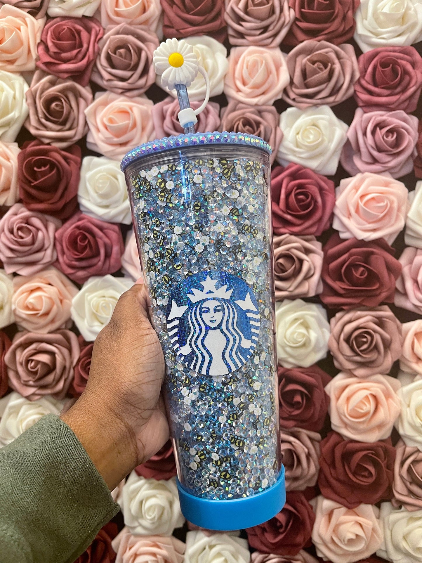 Starbucks Baby Blue Bumble Bee and Daisy Rhinestone Filled Tumbler|Rhinestone Lid| Reverse Rhinestones|Lt. Sapphire AB