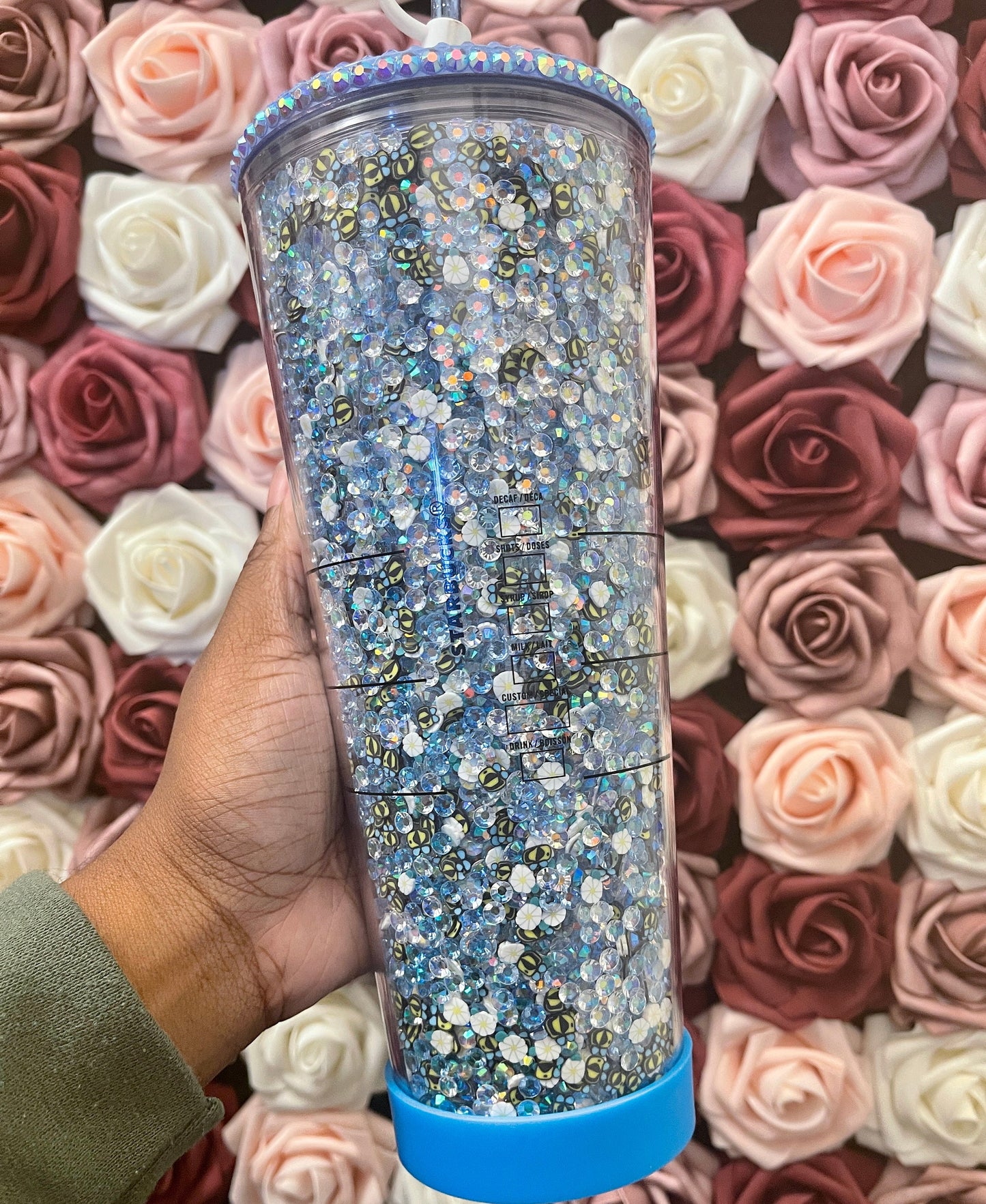 Starbucks Baby Blue Bumble Bee and Daisy Rhinestone Filled Tumbler|Rhinestone Lid| Reverse Rhinestones|Lt. Sapphire AB