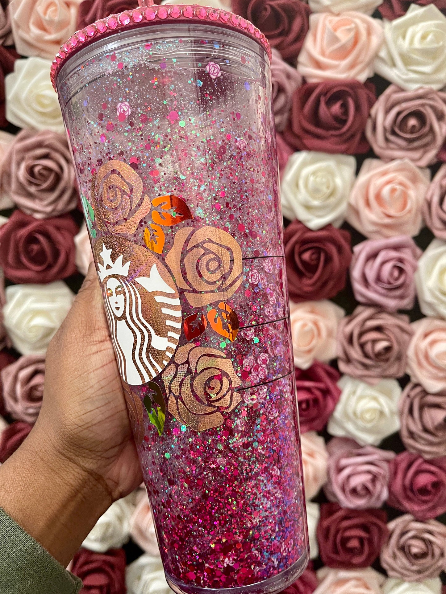 Pink Rose Chunky Glitter Snow Globe Official Starbucks Tumbler|Floating Glitter