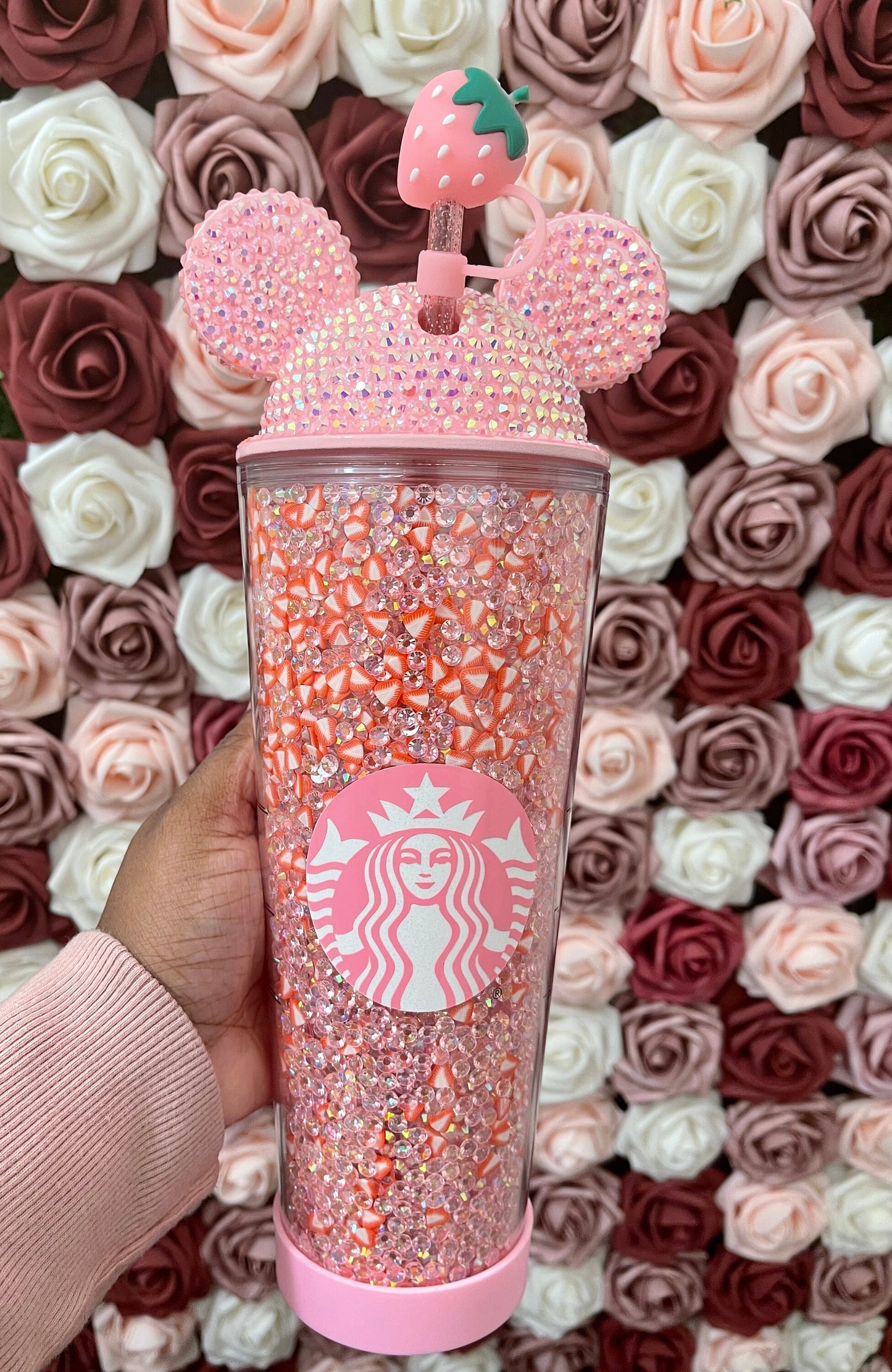 Starbucks Strawberry Pink Drink Rhinestone Filled Tumbler|Starbucks Rhinestone Lid Tumbler|Reverse Rhinestones|Pink Iridescent