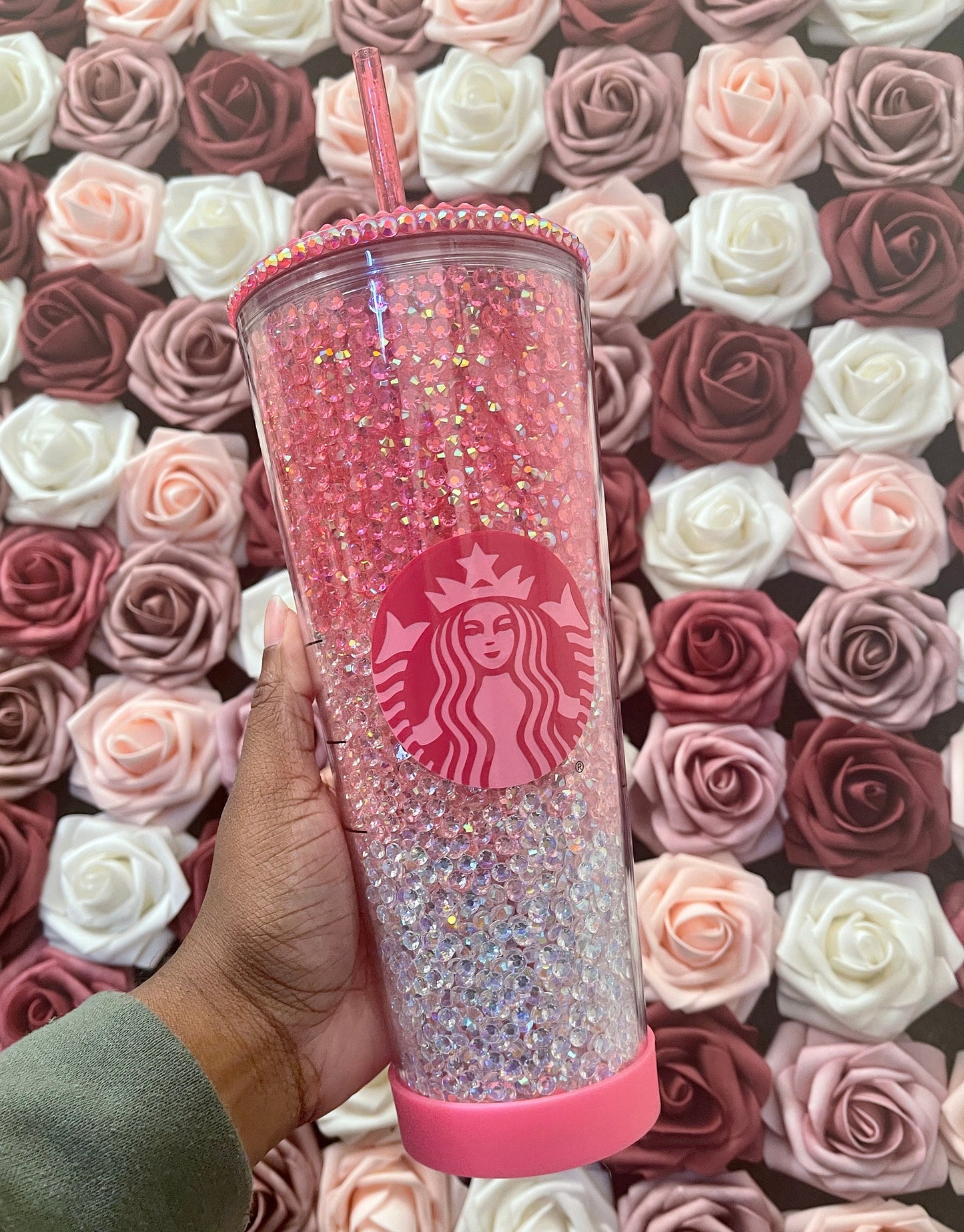 Starbucks Pink Three Color Ombre Rhinestone Filled Tumbler|Rhinestone Lid| Reverse Rhinestones|Lt.Rose AB|Pink AB|Clear AB