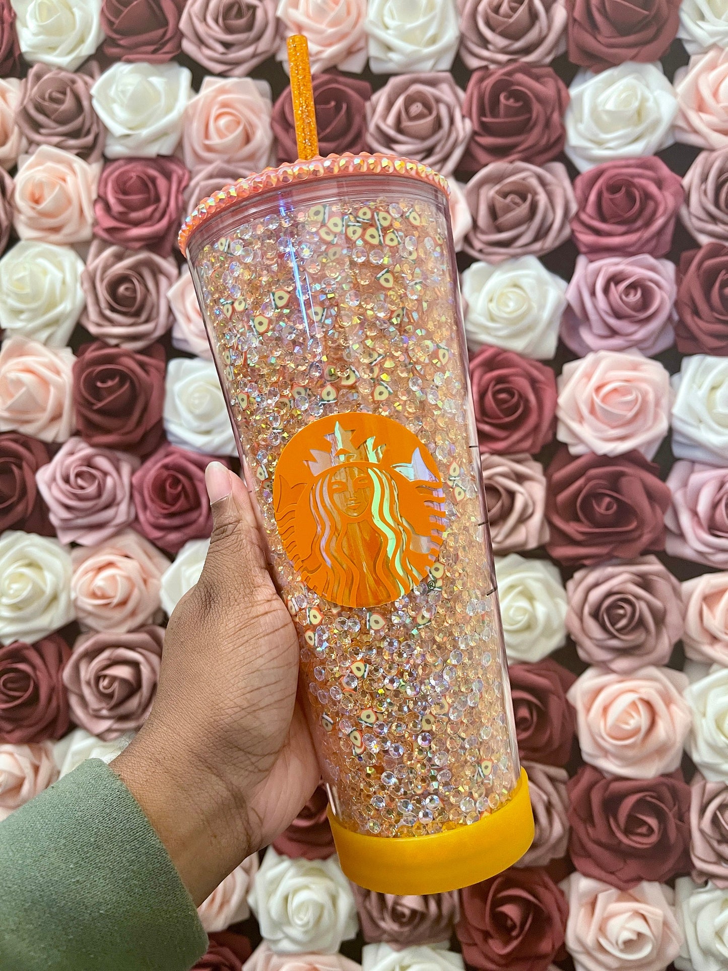 Starbucks Peaches and Cream Rhinestone Filled Tumbler|Rhinestone Lid| Reverse Rhinestones|Champagne AB and Clear AB