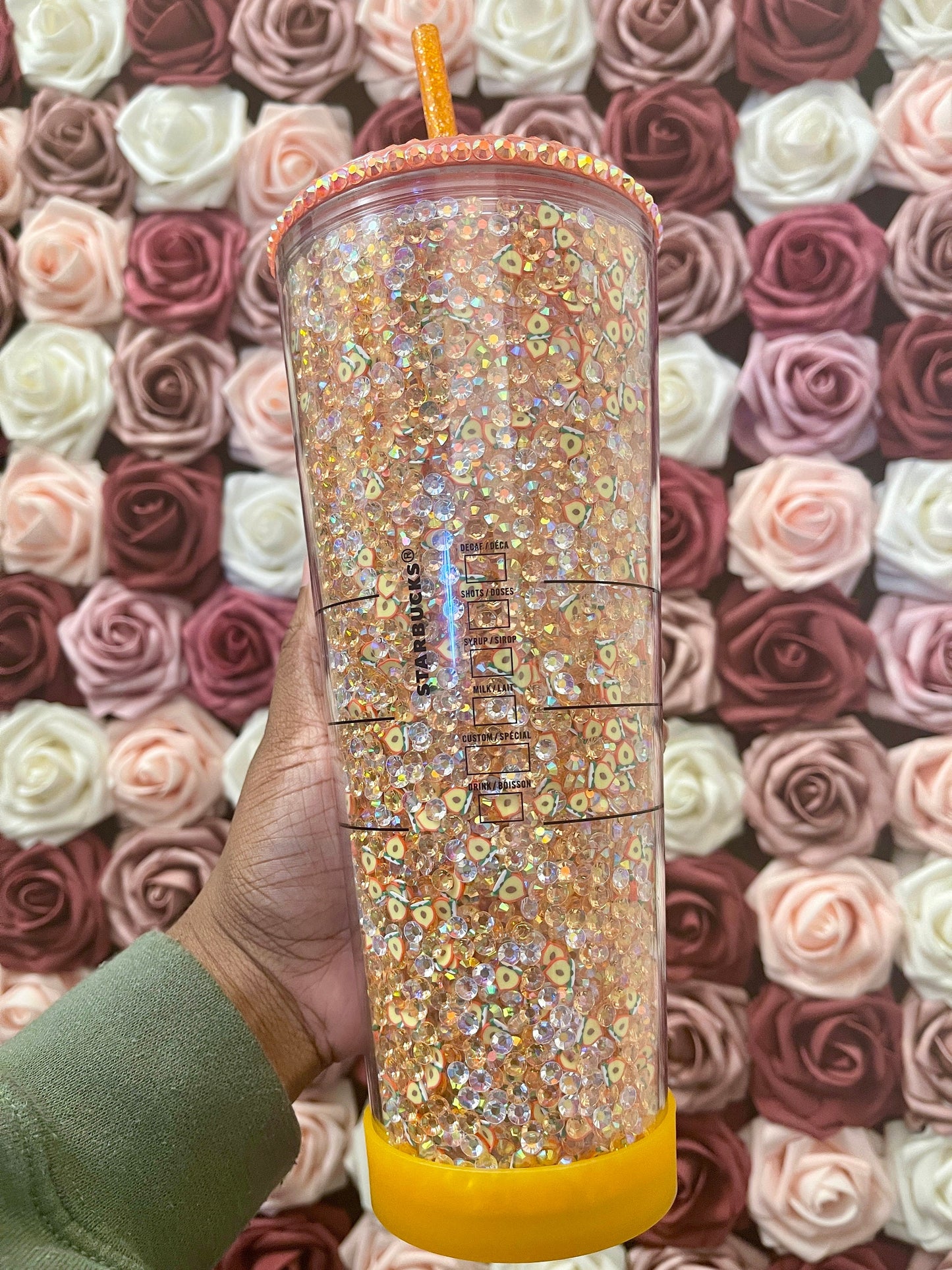 Starbucks Peaches and Cream Rhinestone Filled Tumbler|Rhinestone Lid| Reverse Rhinestones|Champagne AB and Clear AB