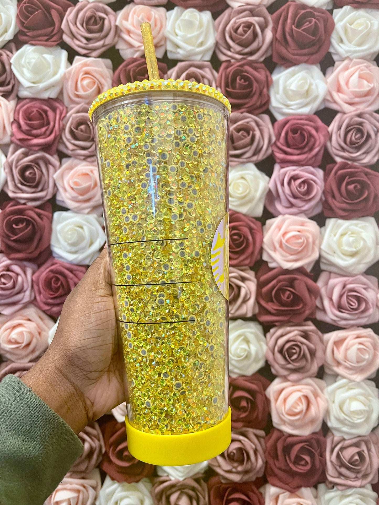 Starbucks Yellow Sunflower Rhinestone Filled Tumbler|Rhinestone Lid| Reverse Rhinestones|Citrine AB
