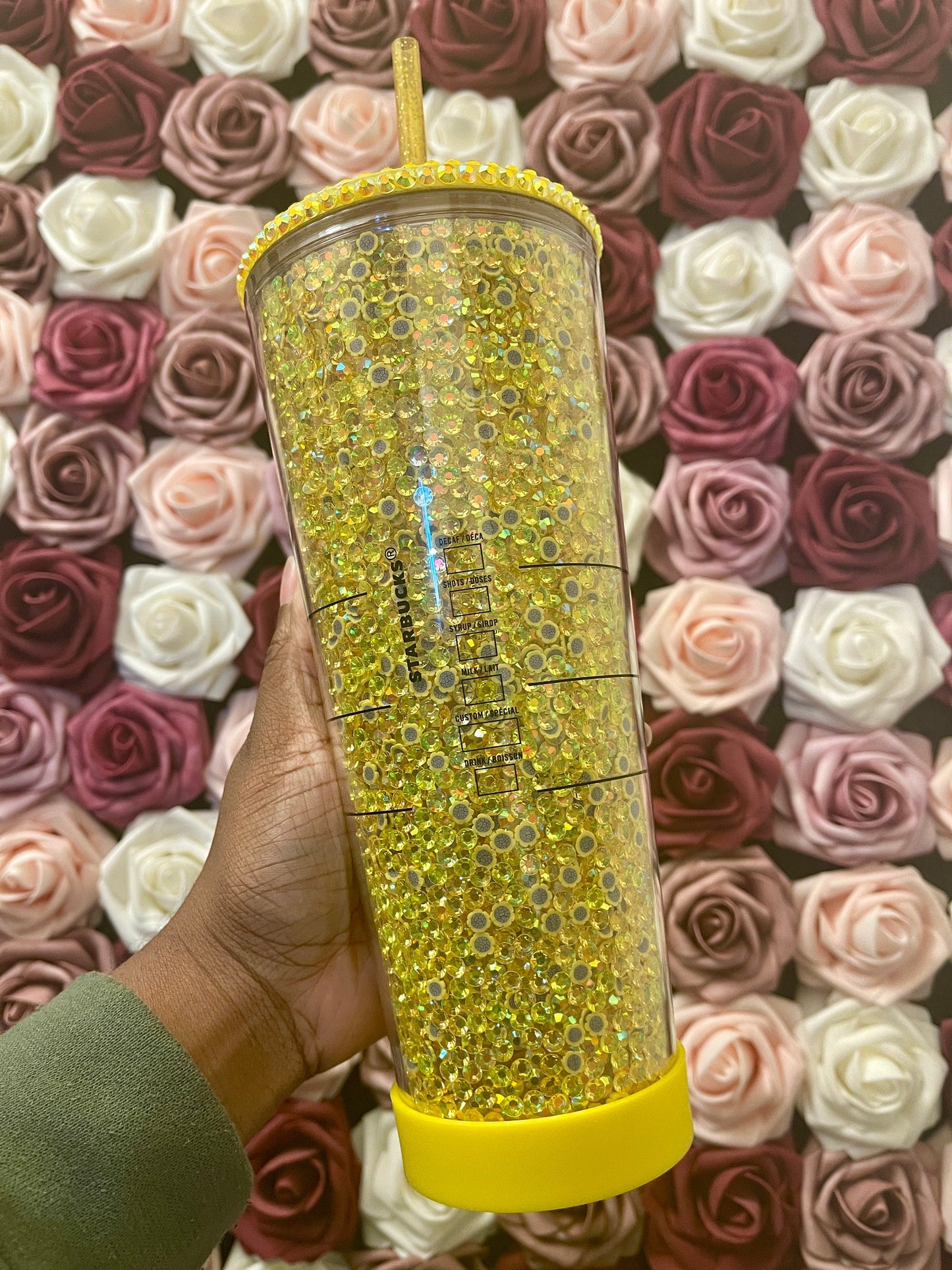 Starbucks Yellow Sunflower Rhinestone Filled Tumbler|Rhinestone Lid| Reverse Rhinestones|Citrine AB