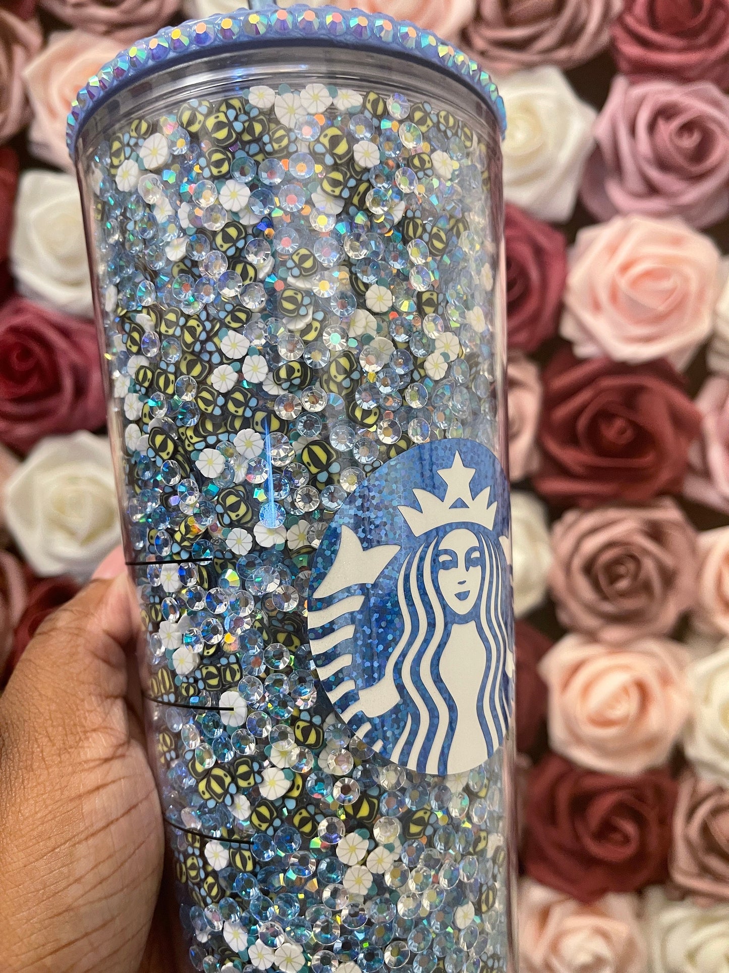 Starbucks Baby Blue Bumble Bee and Daisy Rhinestone Filled Tumbler|Rhinestone Lid| Reverse Rhinestones|Lt. Sapphire AB