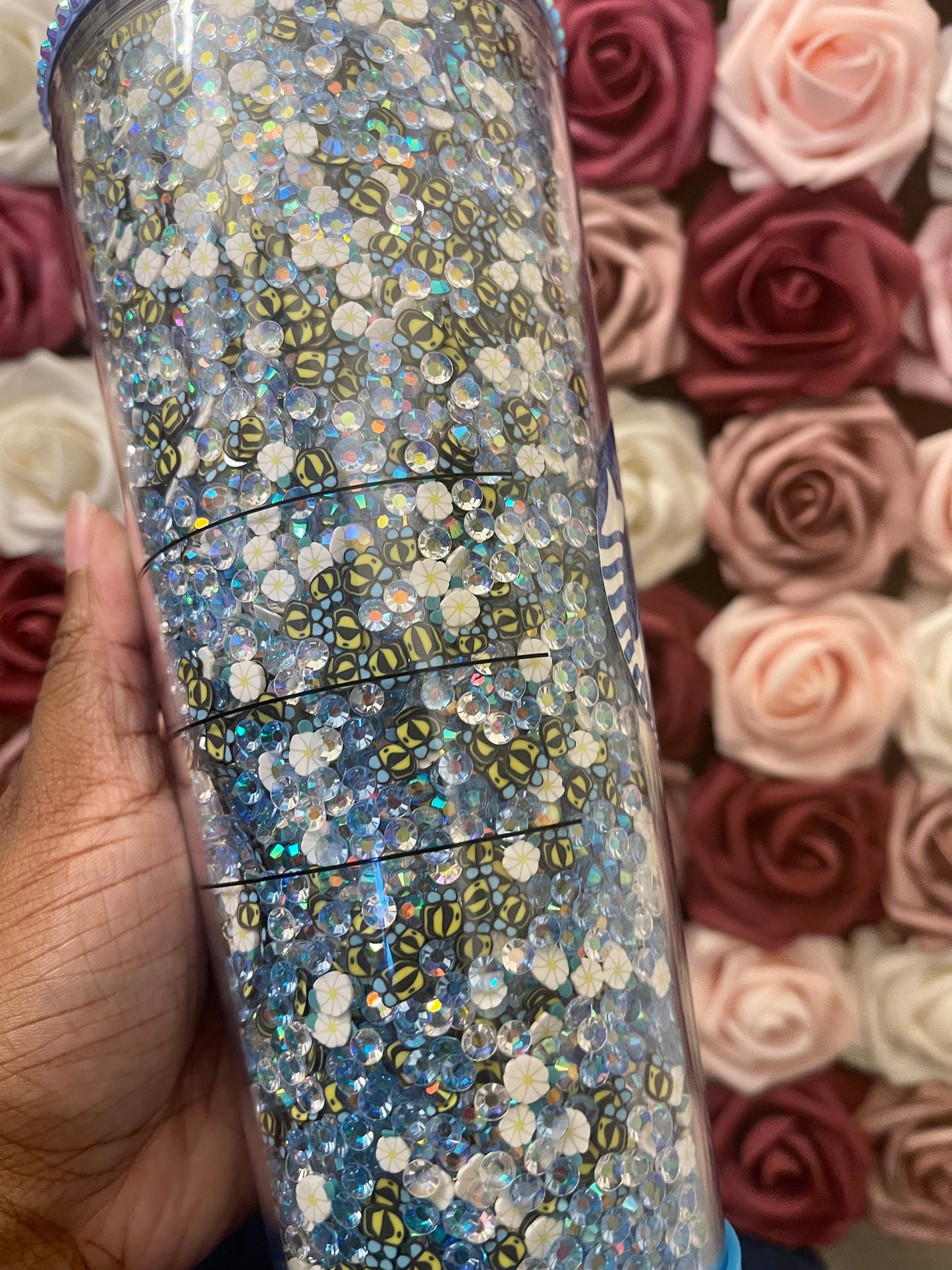 Starbucks Baby Blue Bumble Bee and Daisy Rhinestone Filled Tumbler|Rhinestone Lid| Reverse Rhinestones|Lt. Sapphire AB