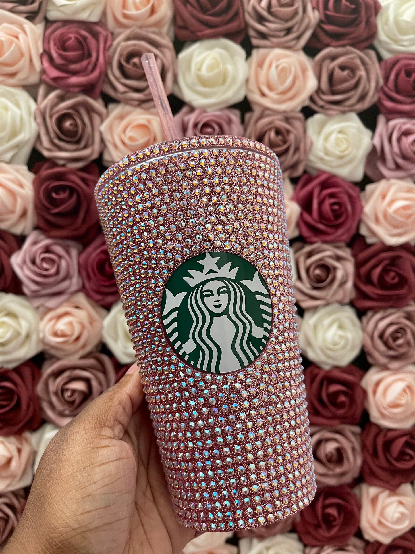 Rose Gold With Pink AB Full Glitter Rhinestone Bling Venti Acrylic Starbucks Tumbler 24oz