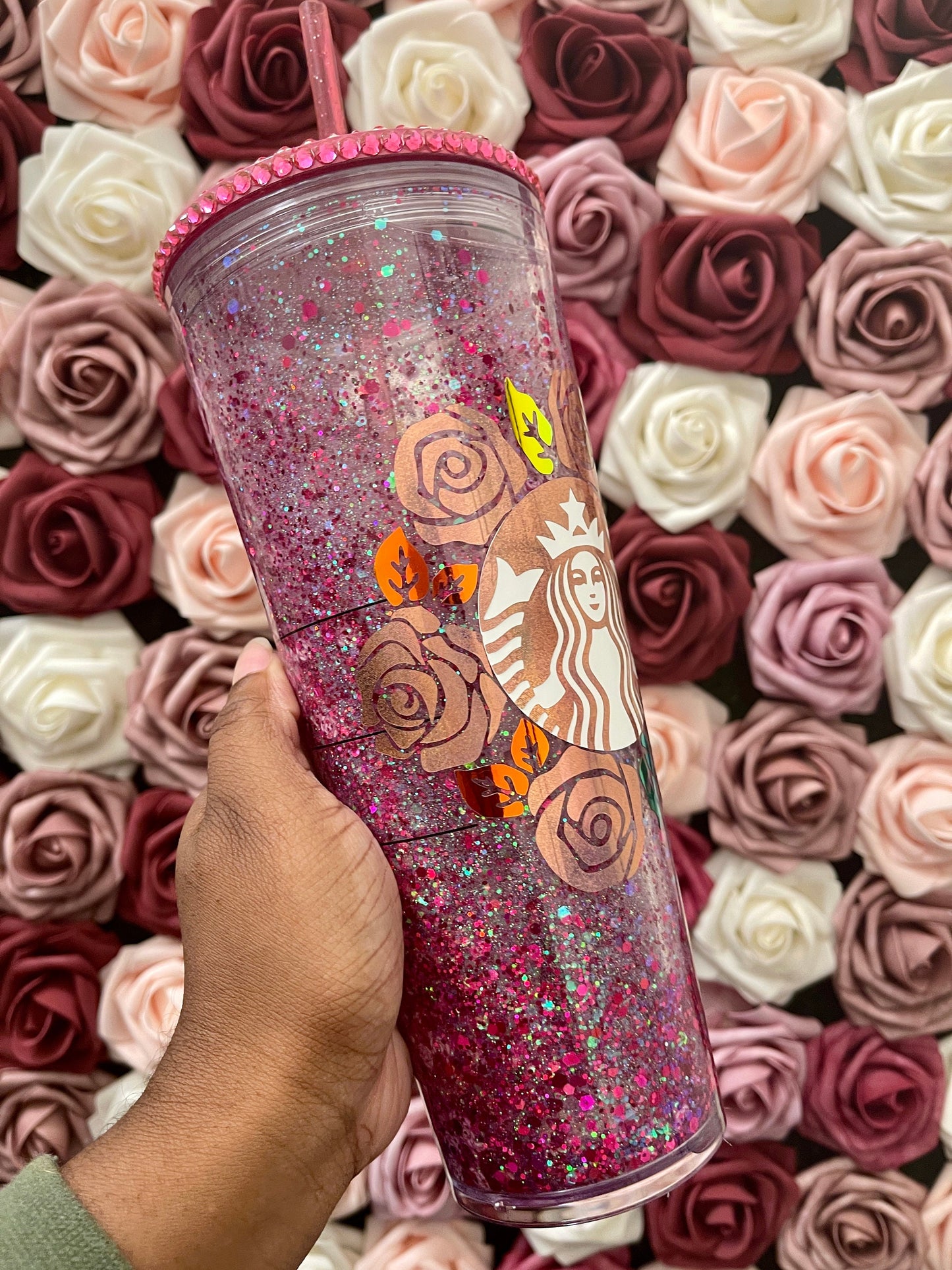 Pink Rose Chunky Glitter Snow Globe Official Starbucks Tumbler|Floating Glitter