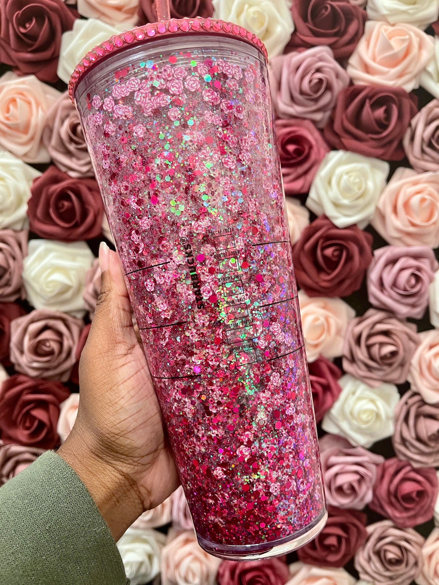 Pink Rose Chunky Glitter Snow Globe Official Starbucks Tumbler|Floating Glitter