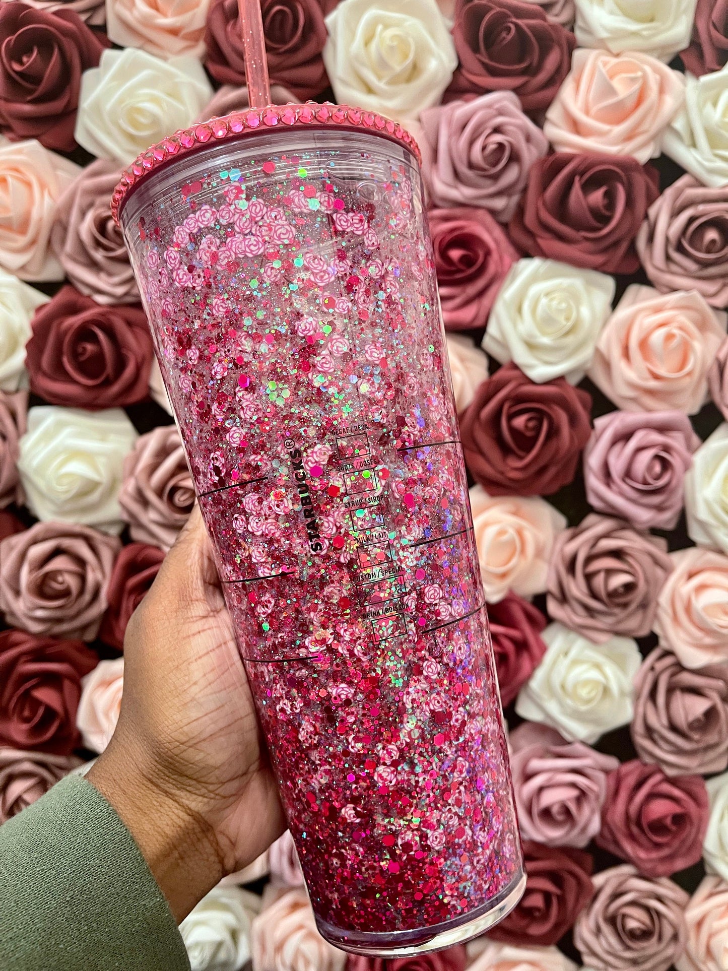Pink Rose Chunky Glitter Snow Globe Official Starbucks Tumbler|Floating Glitter