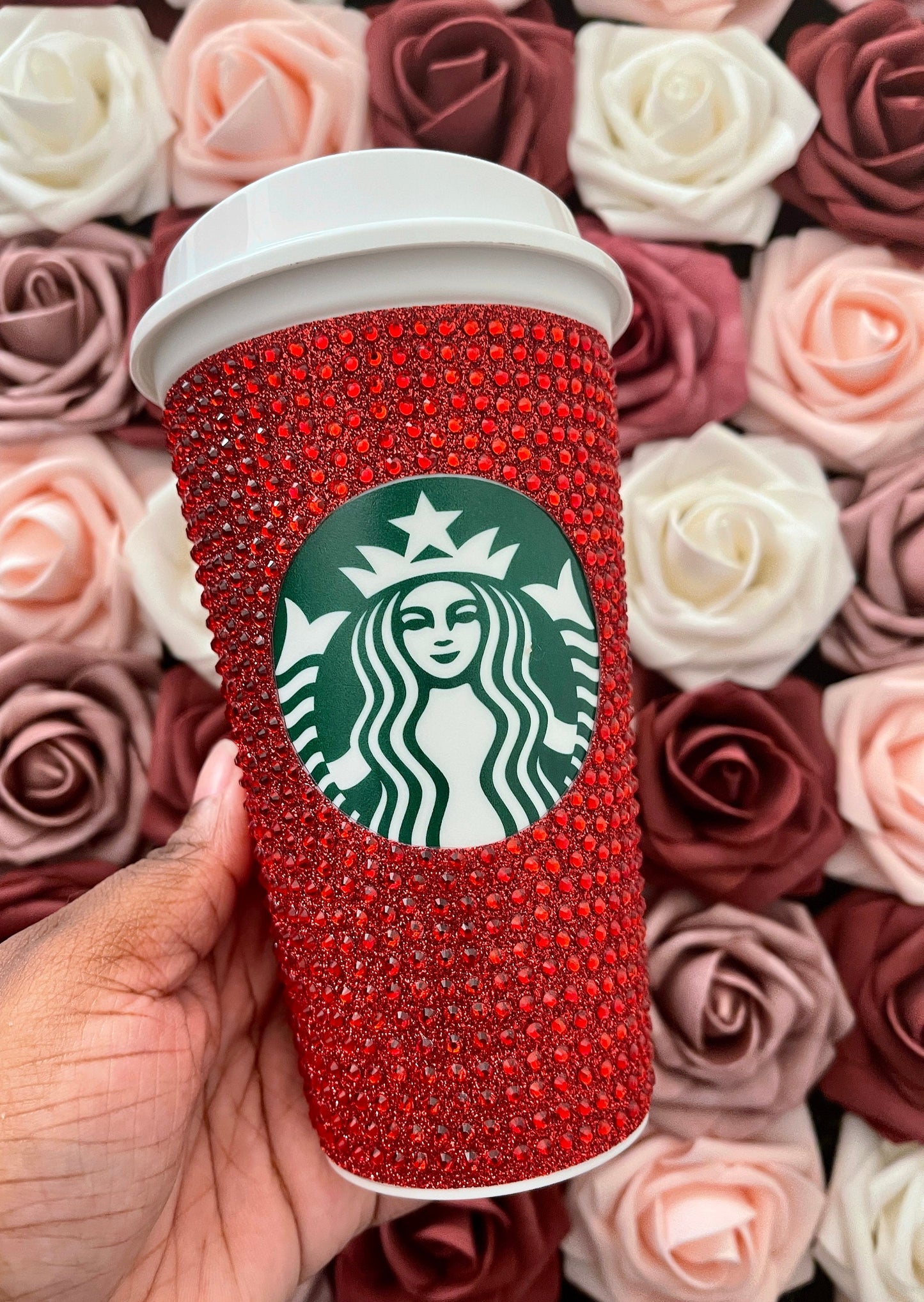 Red Glitter HTV and Red Rhinestone Bling Hot Cup Starbucks Tumbler 16oz