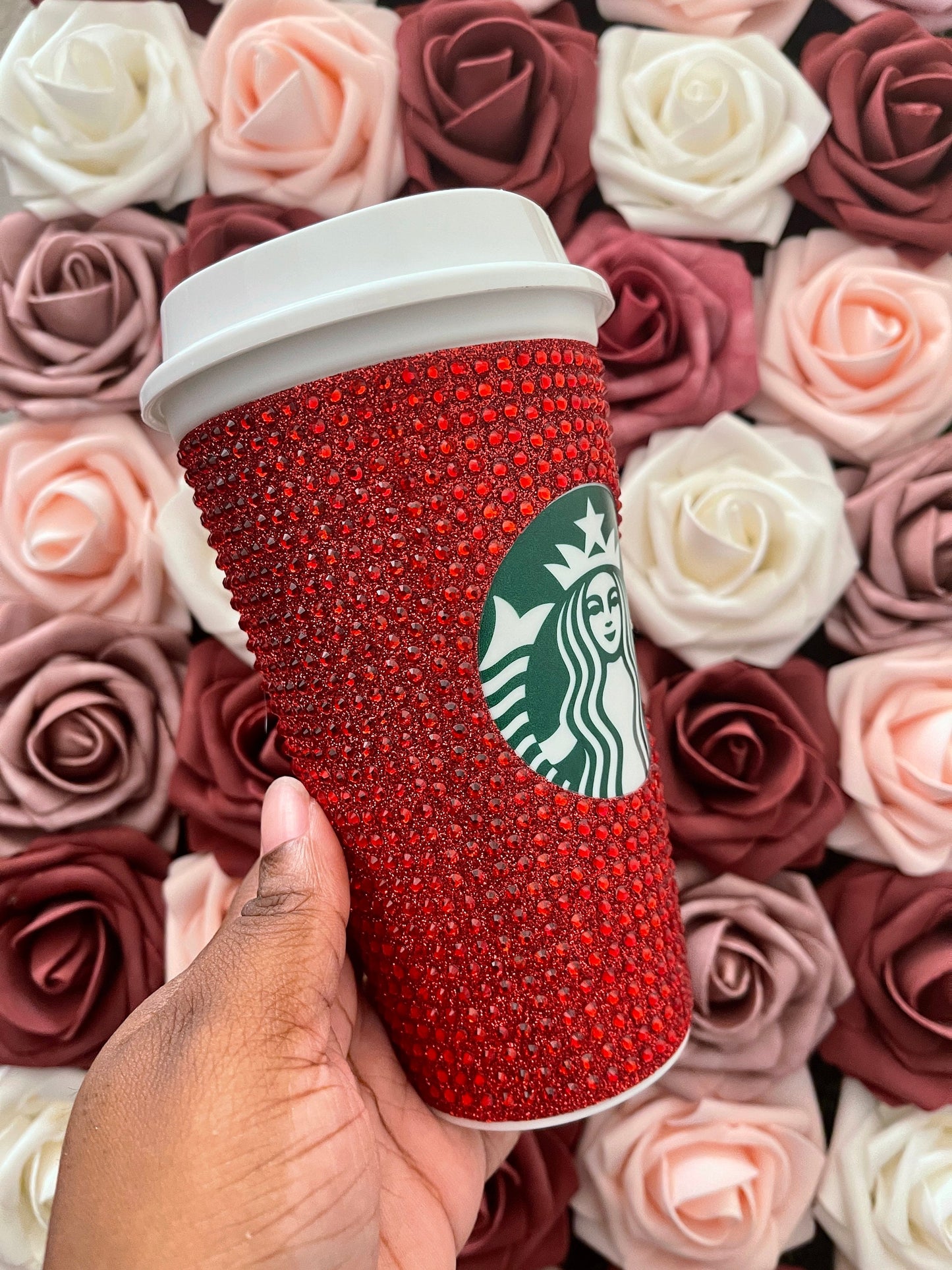 Red Glitter HTV and Red Rhinestone Bling Hot Cup Starbucks Tumbler 16oz