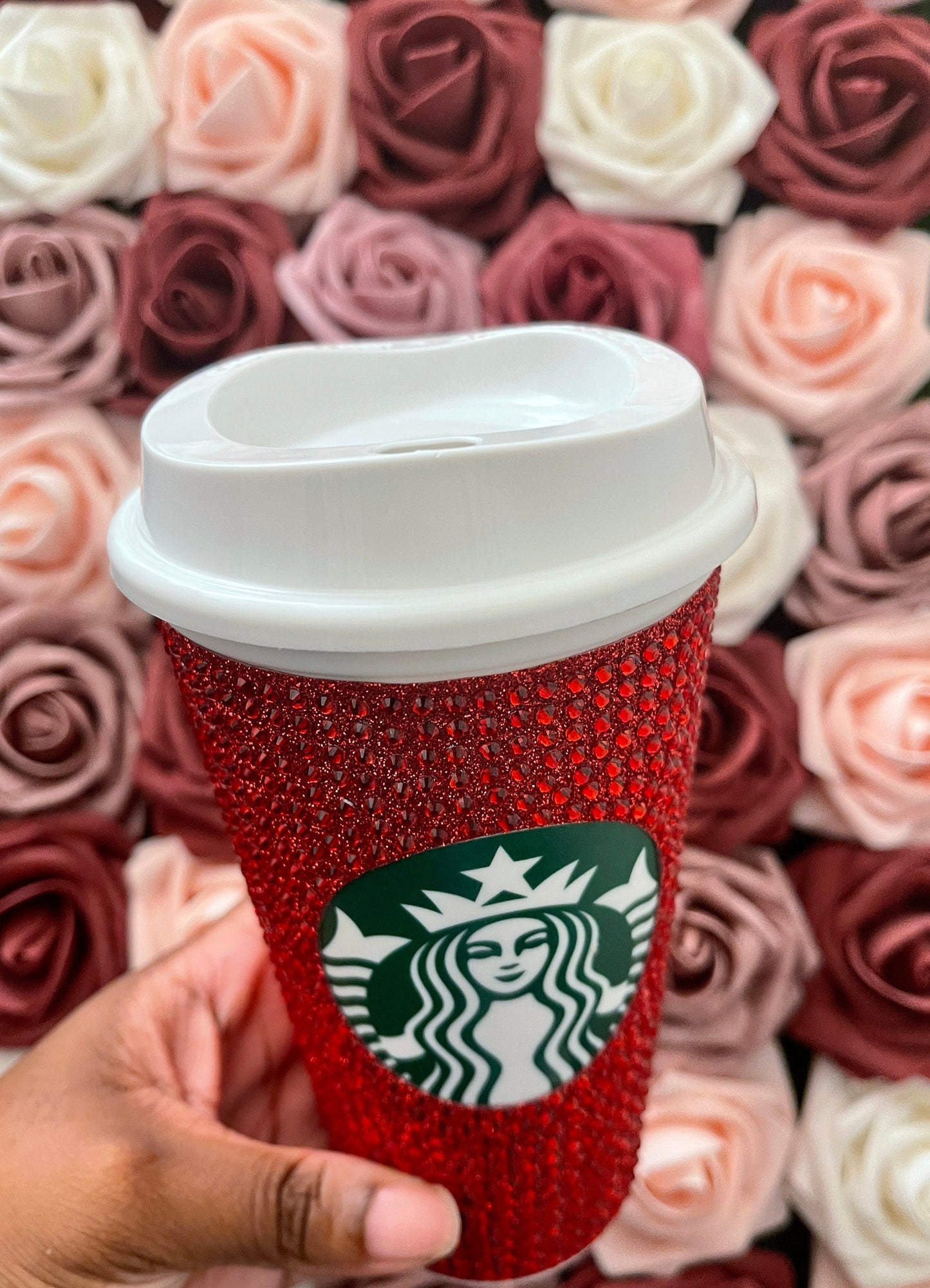Red Glitter HTV and Red Rhinestone Bling Hot Cup Starbucks Tumbler 16oz