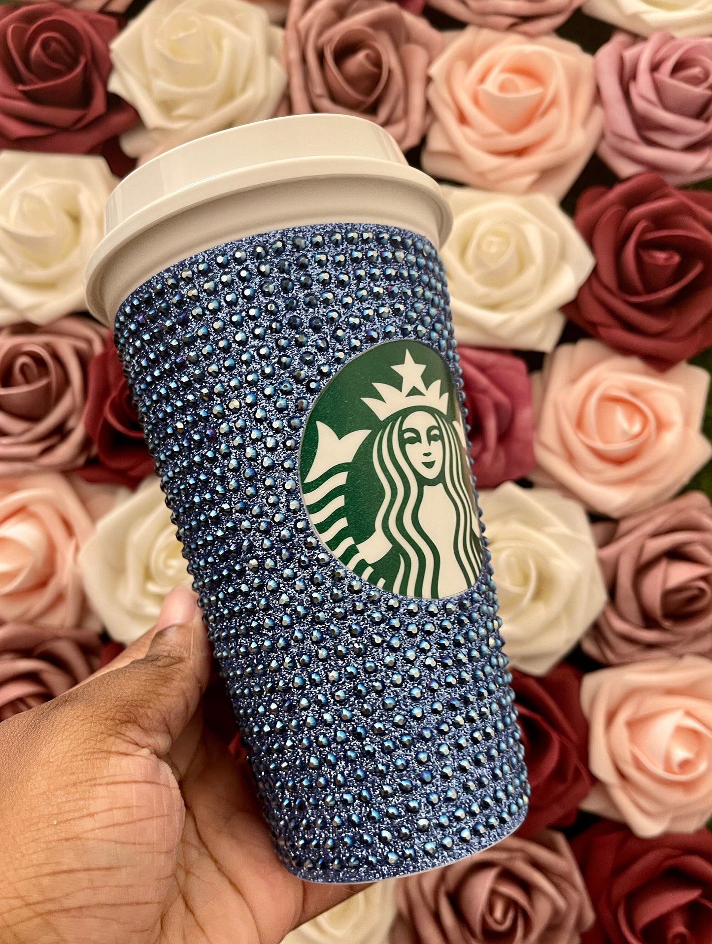 True Blue Glitter HTV and Metal Blue Rhinestone Bling Hot Cup Starbucks Tumbler 16 oz