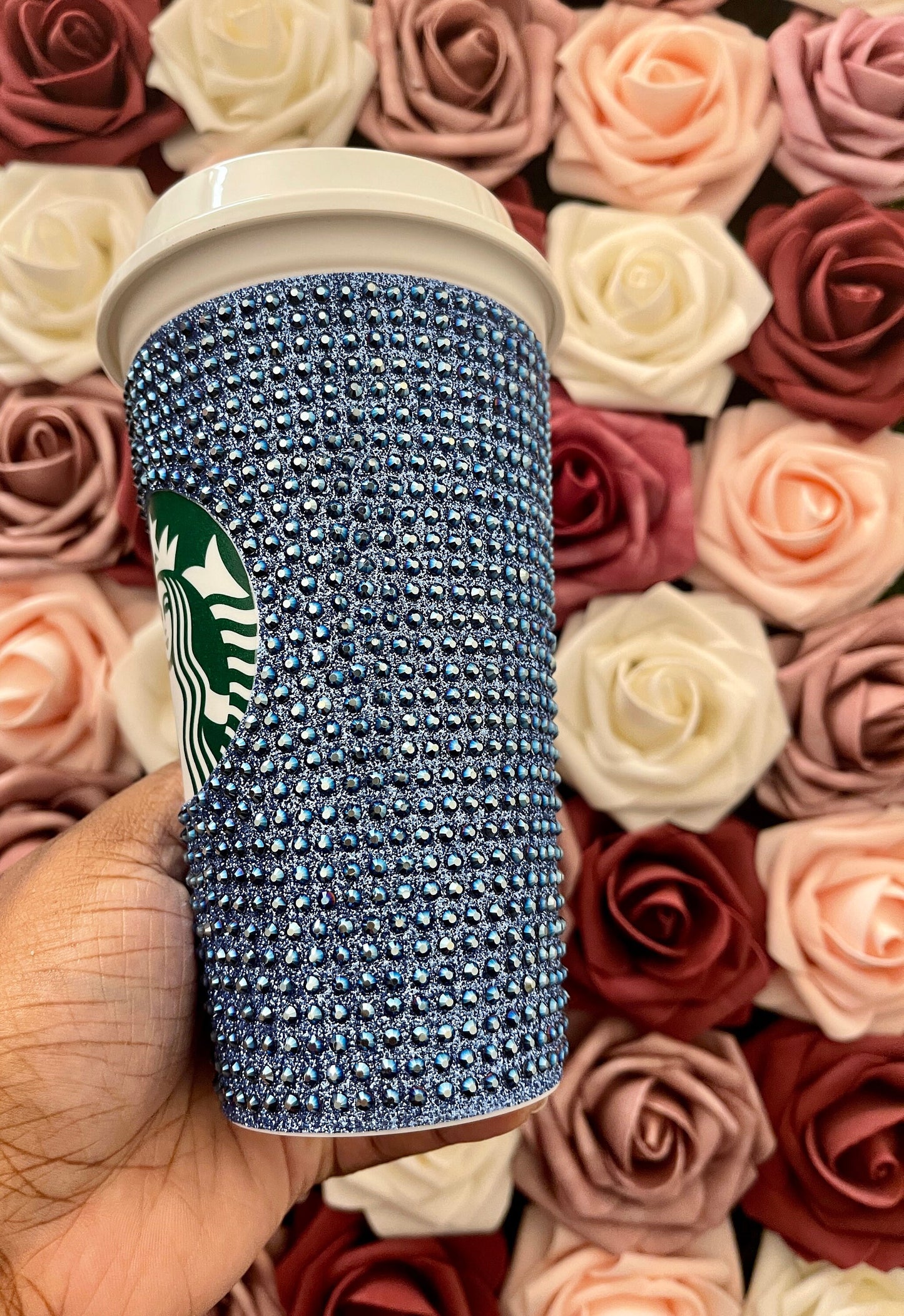 True Blue Glitter HTV and Metal Blue Rhinestone Bling Hot Cup Starbucks Tumbler 16 oz